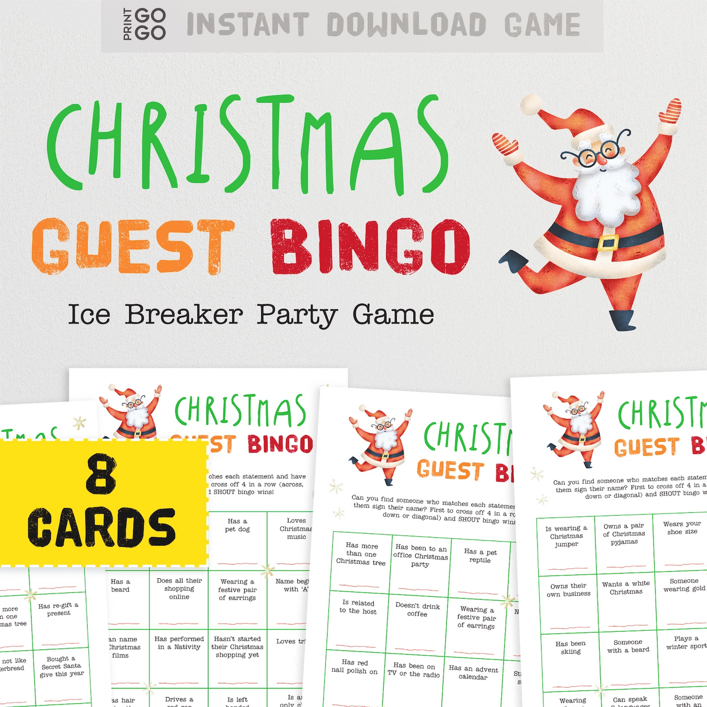 Christmas Guest Bingo cards with Santa Claus illustration and text on a light gray background.