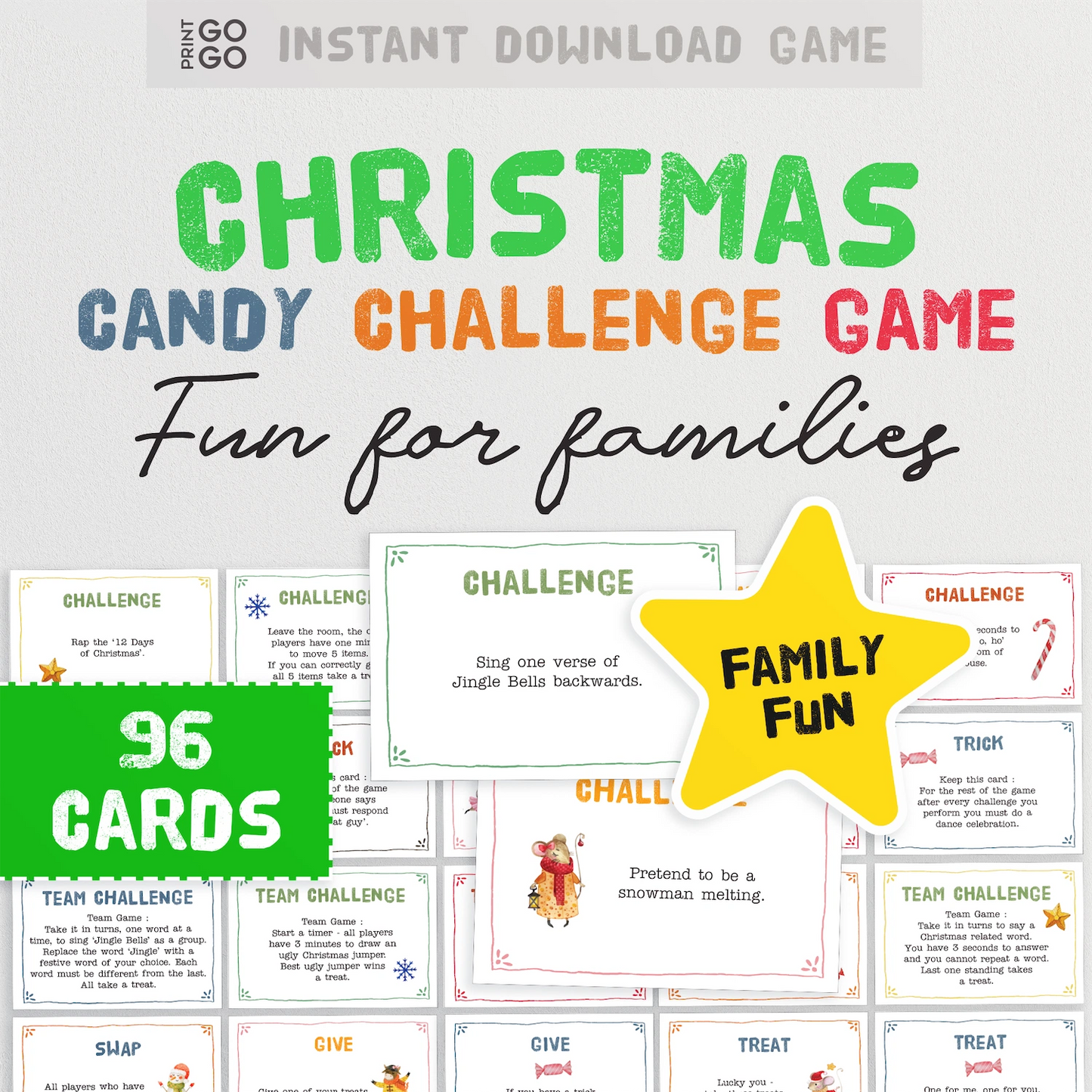 Christmas Candy Challenge Game packaging with cards and a star labeled 'Family Fun' on a white background.