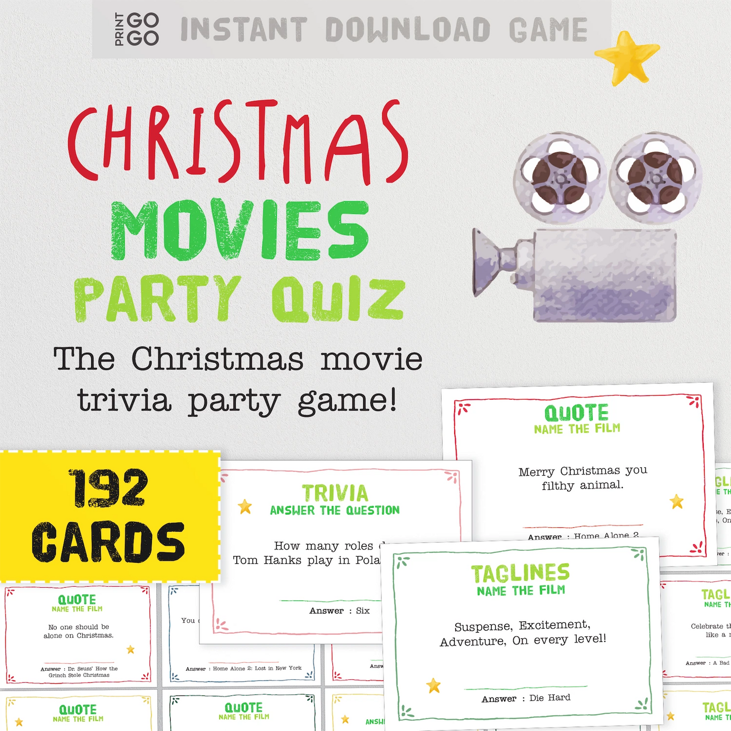 Christmas movies party quiz with trivia cards and game components on a white background