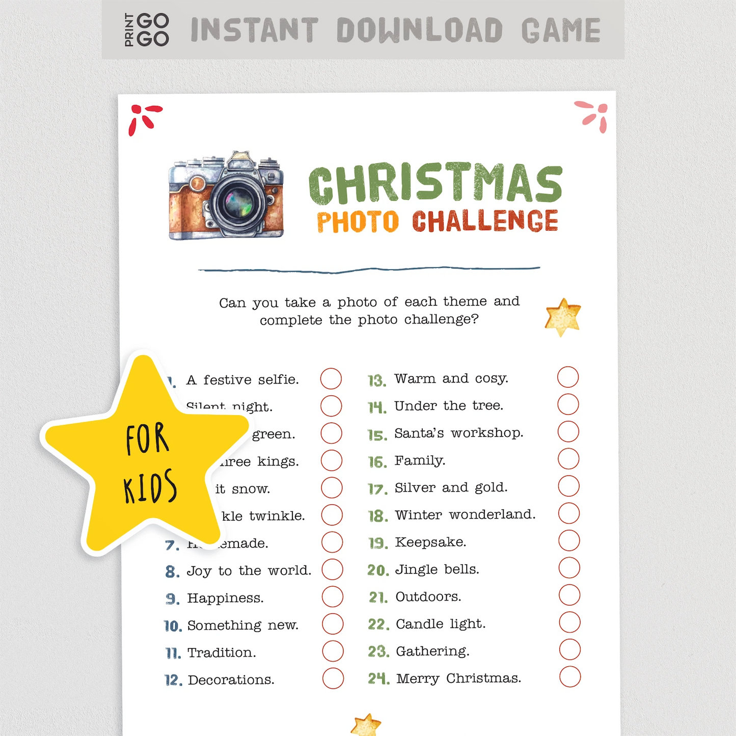 Christmas photo challenge for kids with a camera icon and star graphics on a light gray background.
