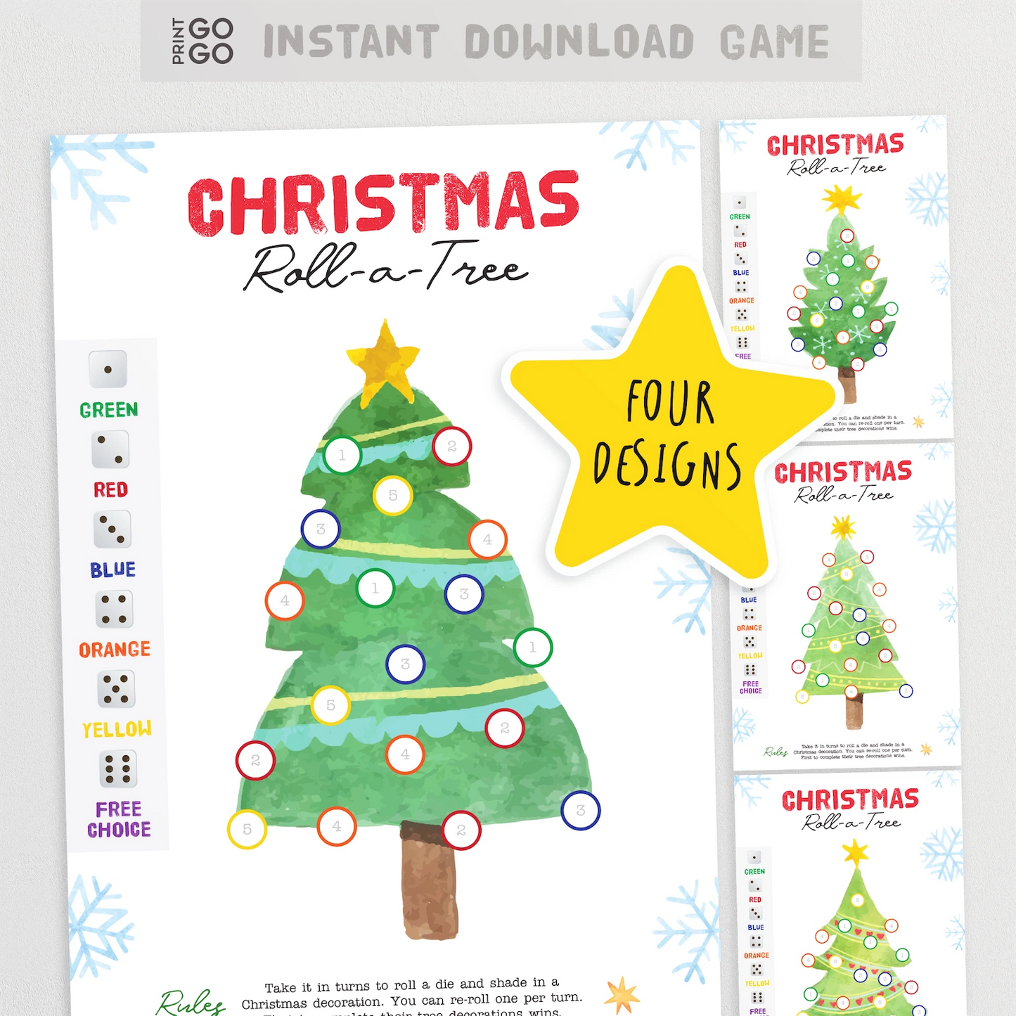 Instant download Christmas Roll A Tree dice game for families.