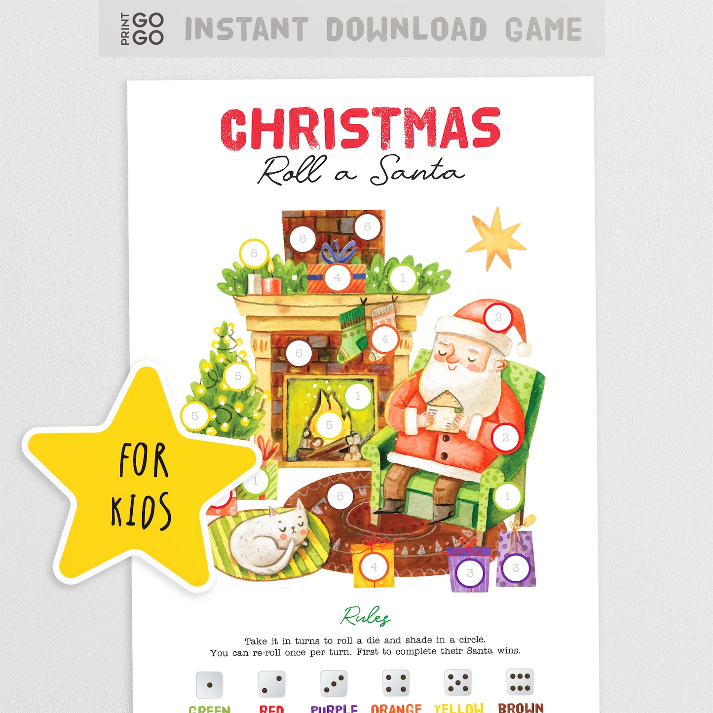 A coloruful Christmas-themed dice game cover featuring an illustration of Santa Claus.