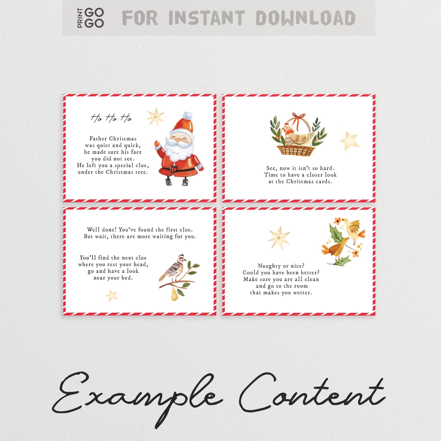 An instant download Christmas scavenger hunt for kids. Image shows 4 example cards.