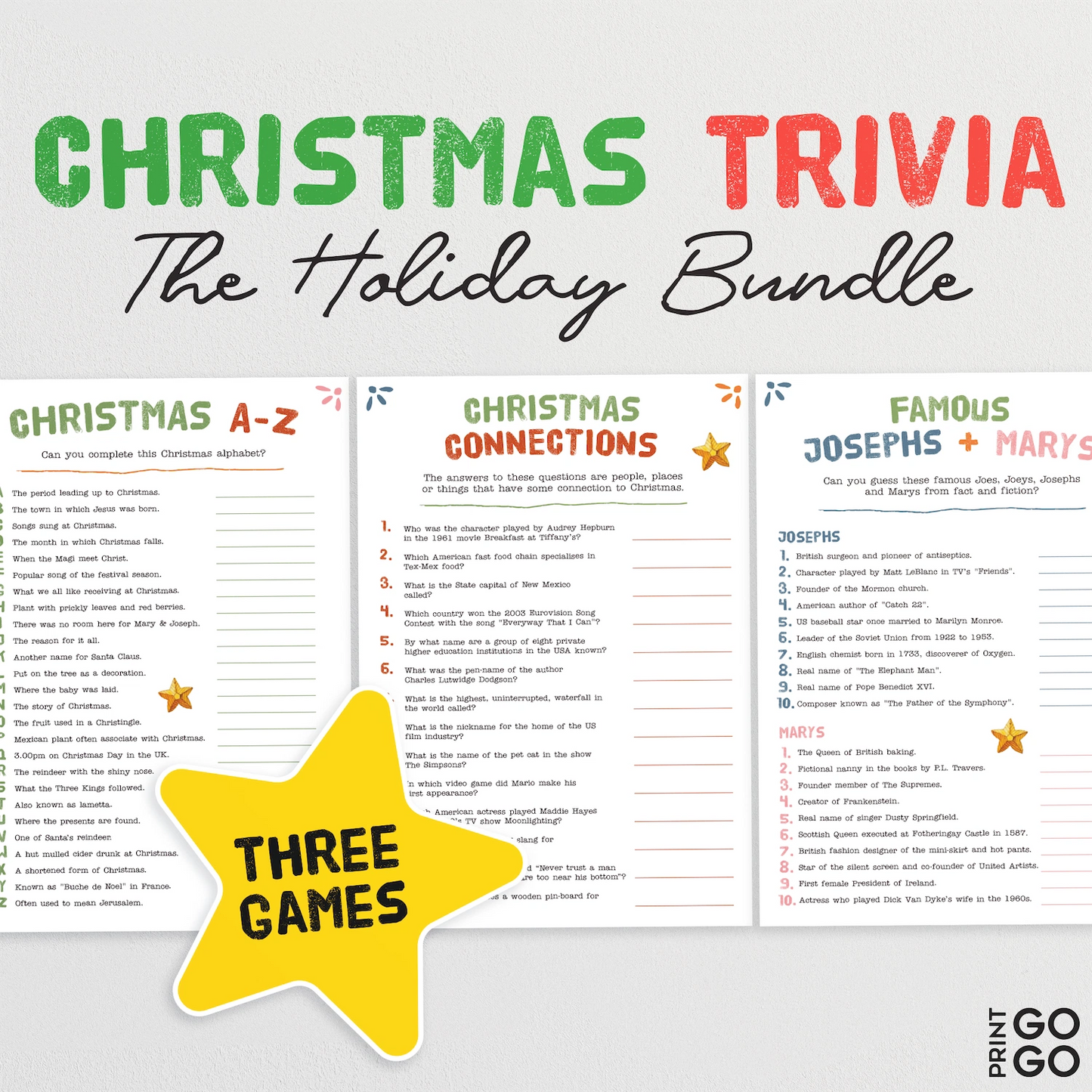 Christmas trivia bundle with three games on a white background
