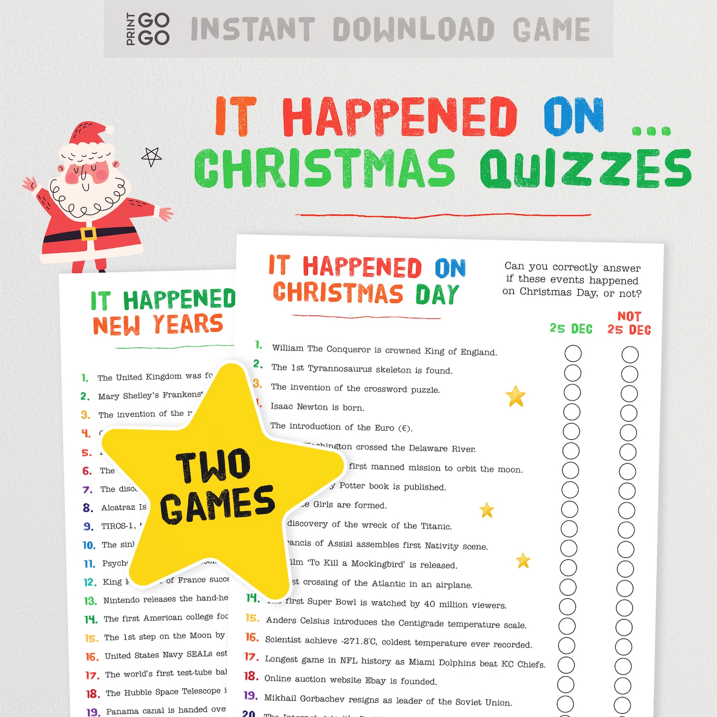 Christmas and new-year themed quizzes for instant download.