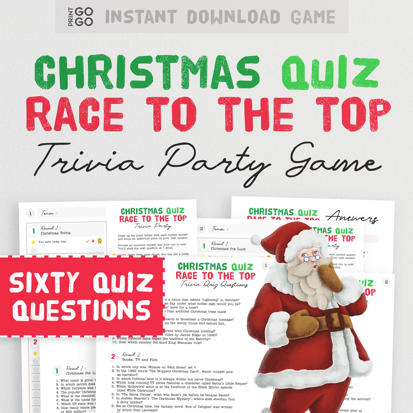 Instant download Christmas quiz game with Santa Claus illustration and 60 quiz questions.