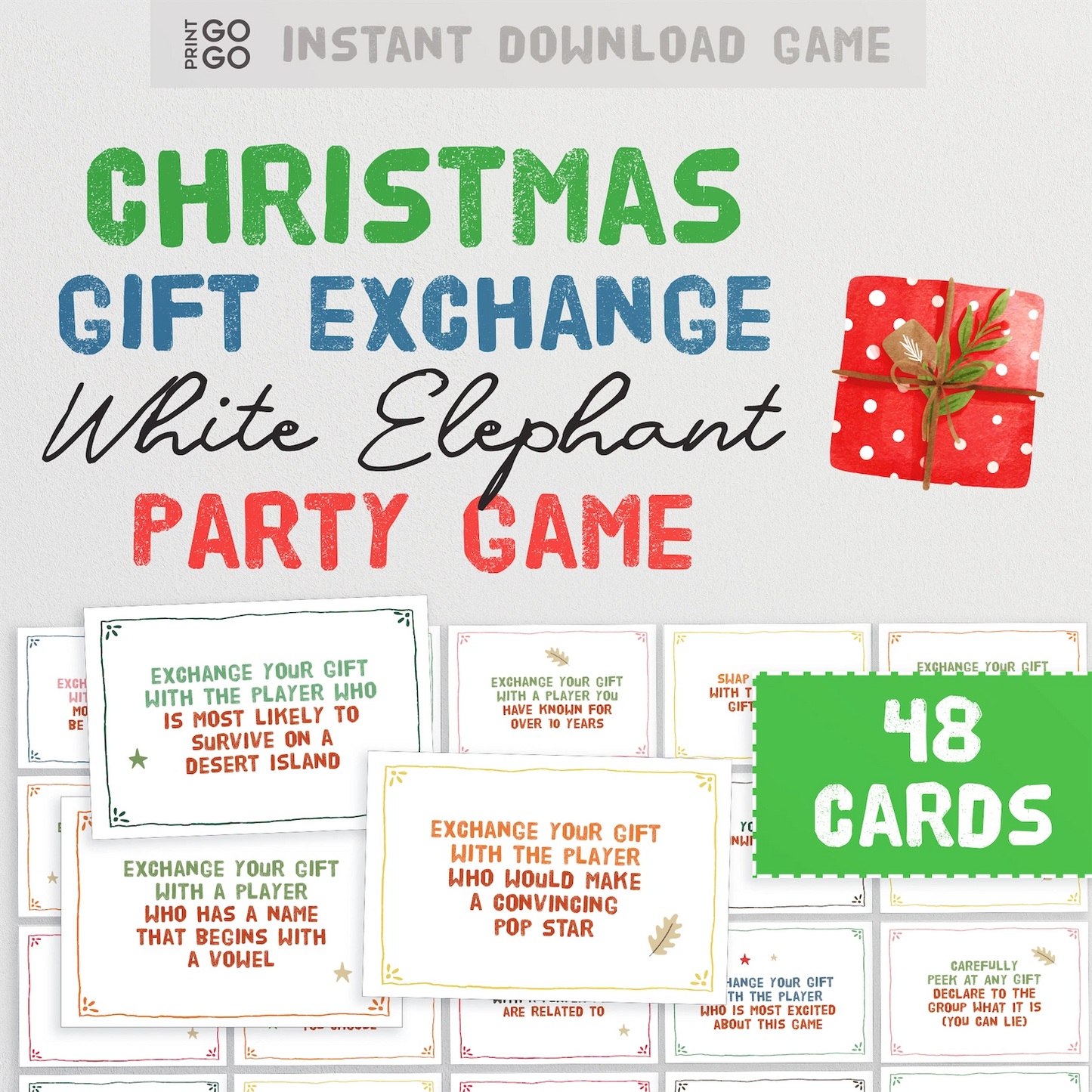 Christmas gift exchange white elephant party game with cards and a red gift box on a white background.