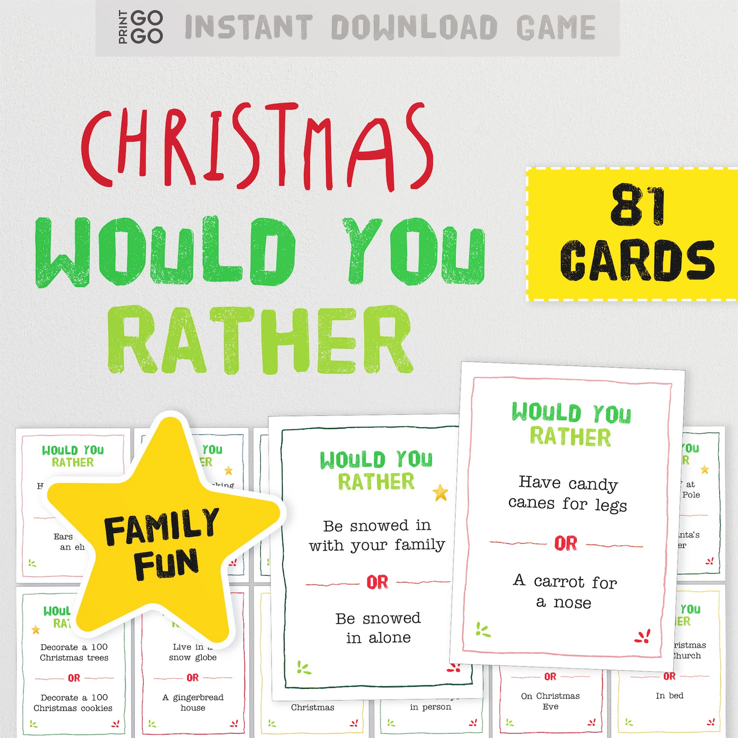 Instant download funny Christmas would you rather questions cards on a white background.