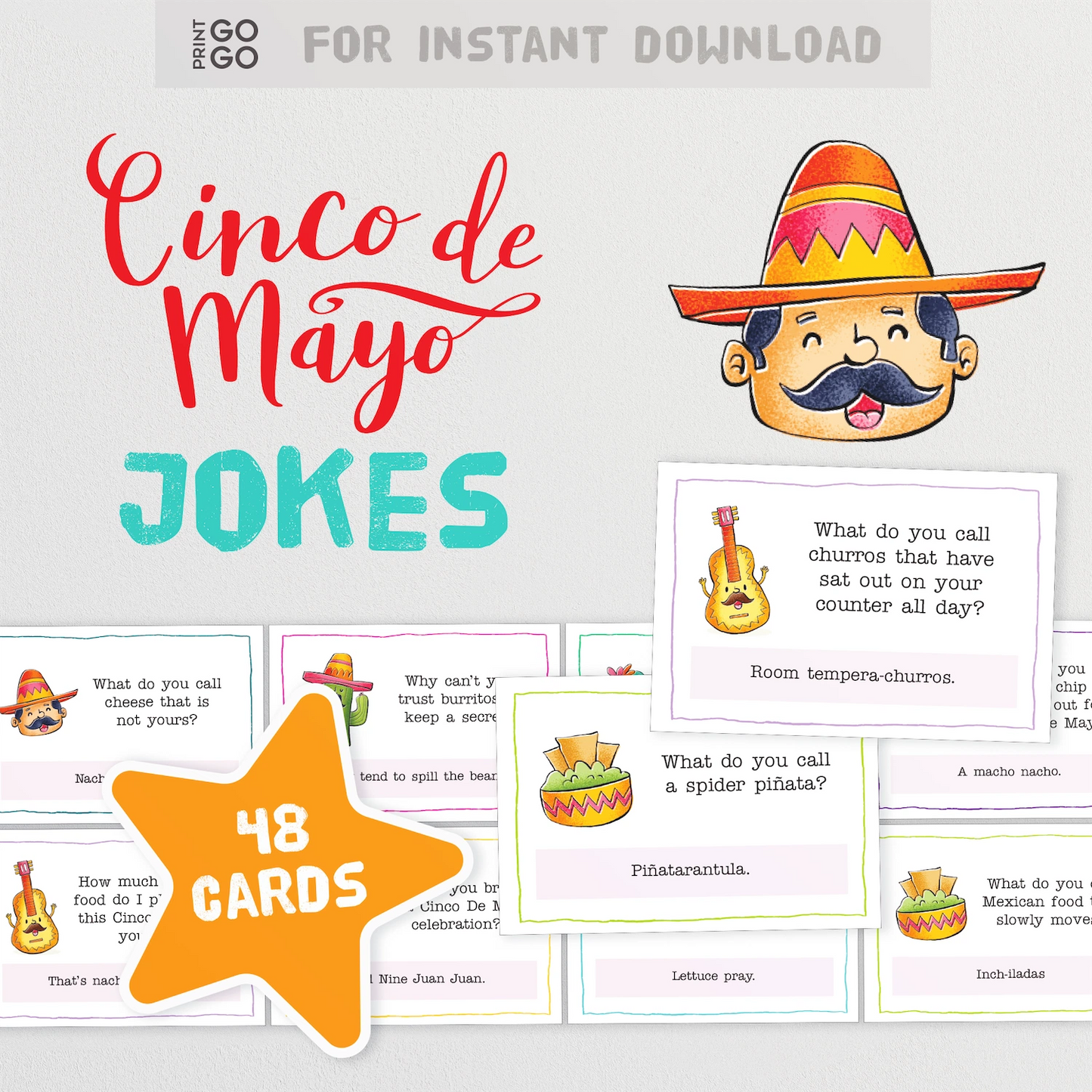 Instant download Cinco de Mayo jokes card set with cartoon character and text on a light gray background