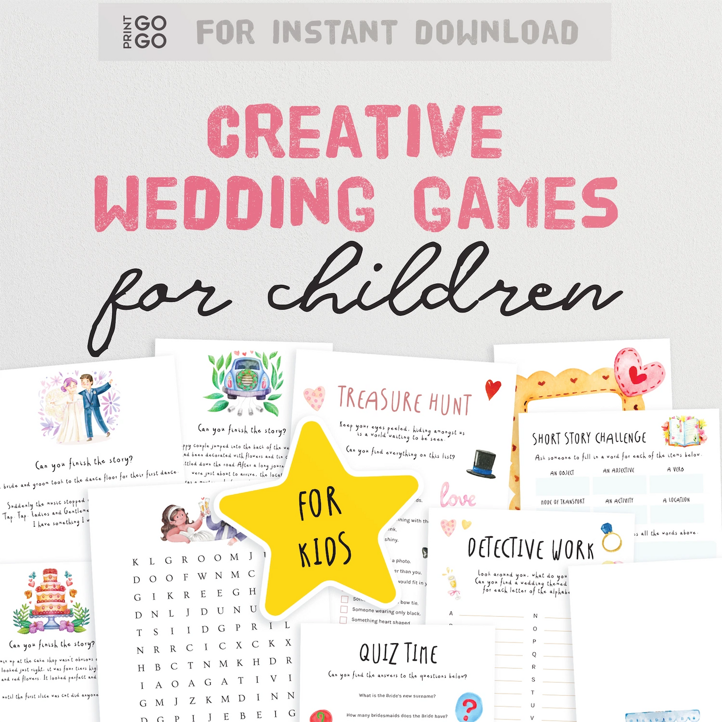Instant download creative wedding games for children.