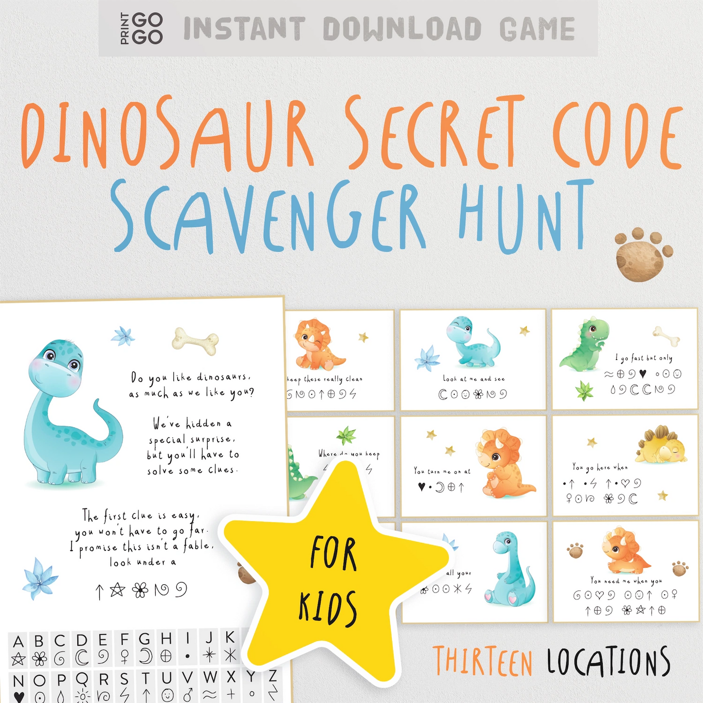 Dinosaur-themed secret code scavenger hunt game for kids with colorful illustrations and text.