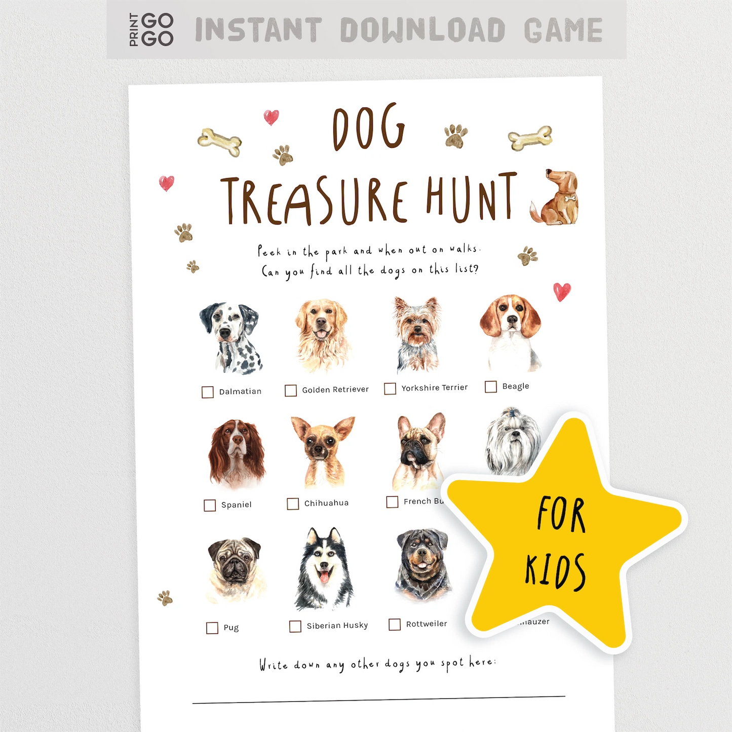 Dog treasure hunt game sheet for kids with images of dogs on a white background.