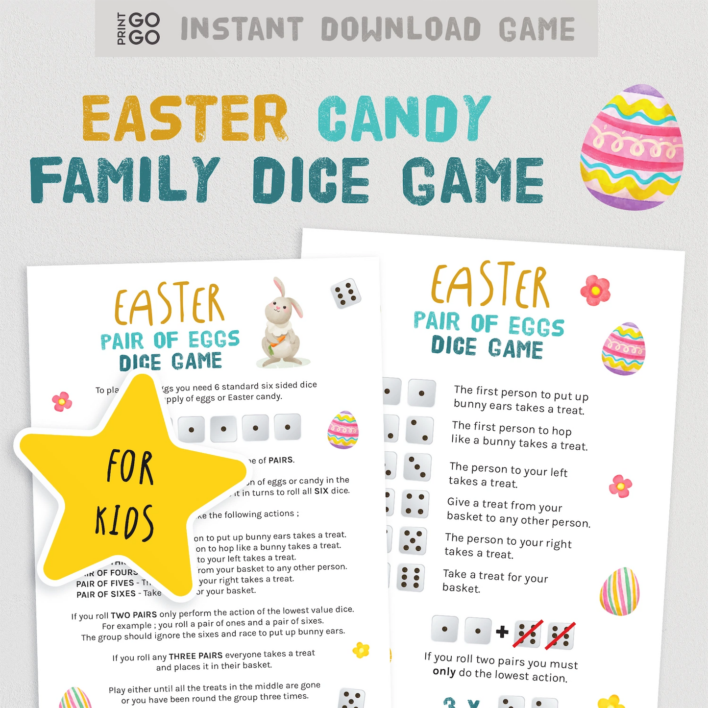 Easter family dice game instructions with colorful graphics on a white background