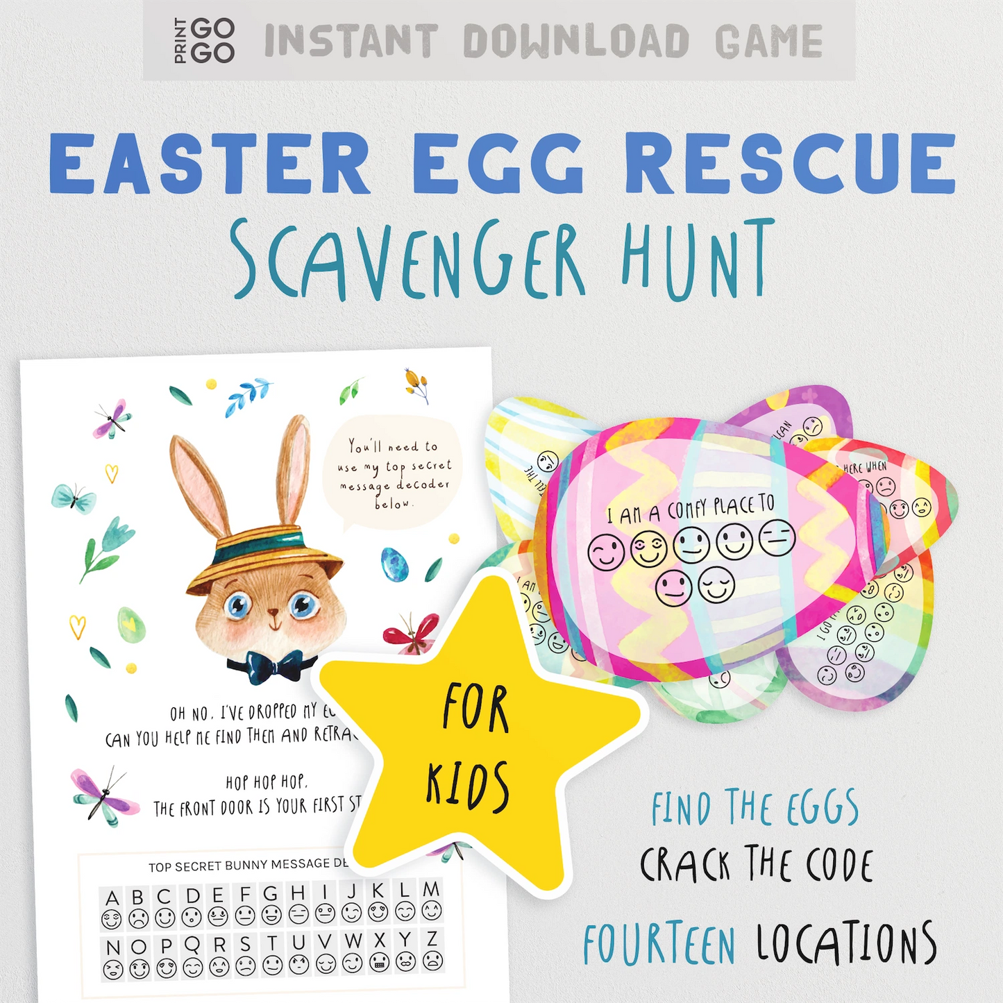 Easter egg rescue scavenger hunt game for kids with a bunny illustration and colorful eggs.