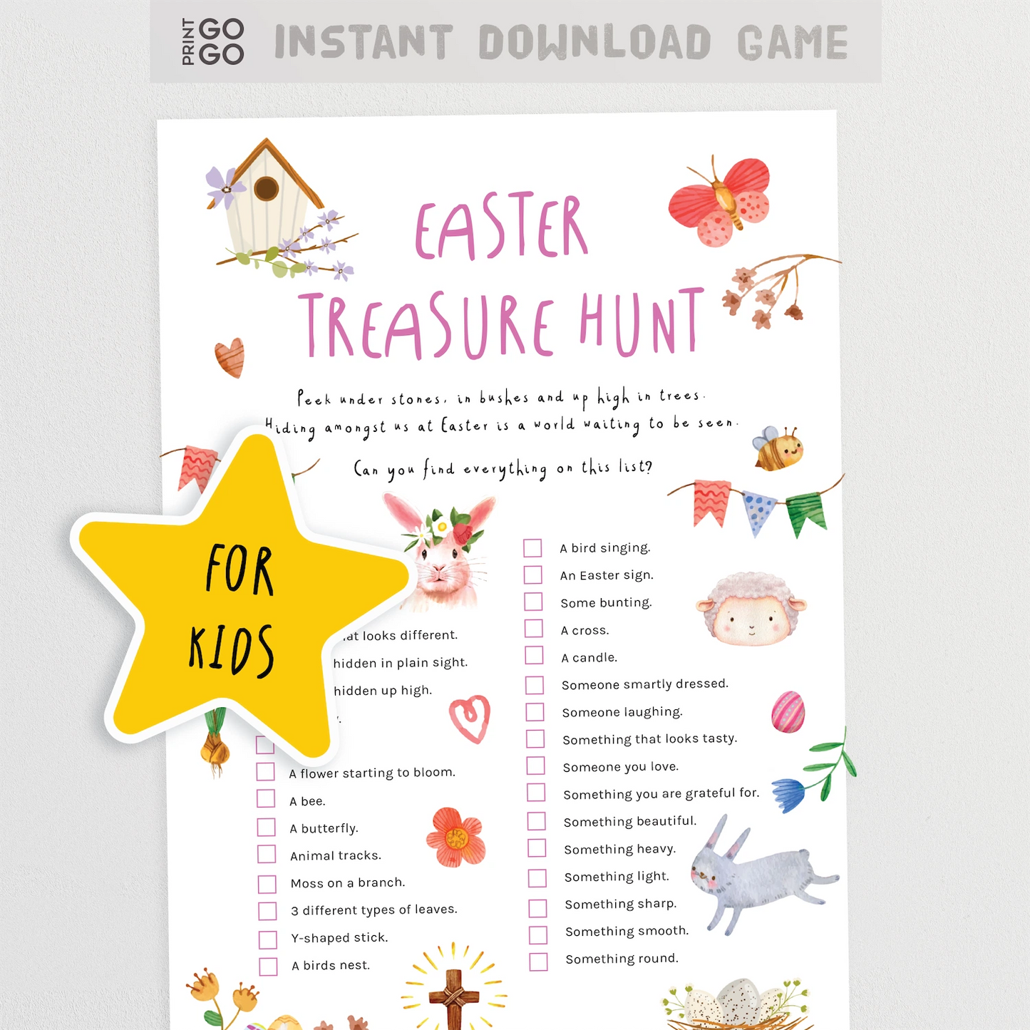 Easter treasure hunt game sheet for kids with illustrations and text on a white background.