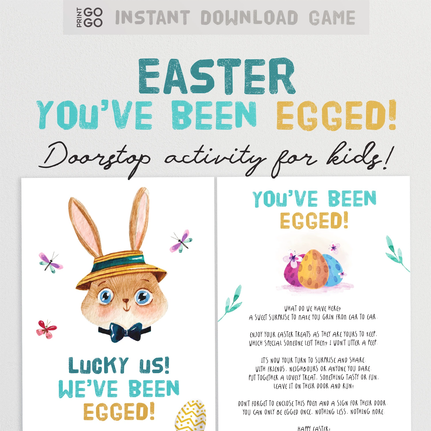 Instant download Easter-themed doorstop activity for kids with a bunny illustration and text.