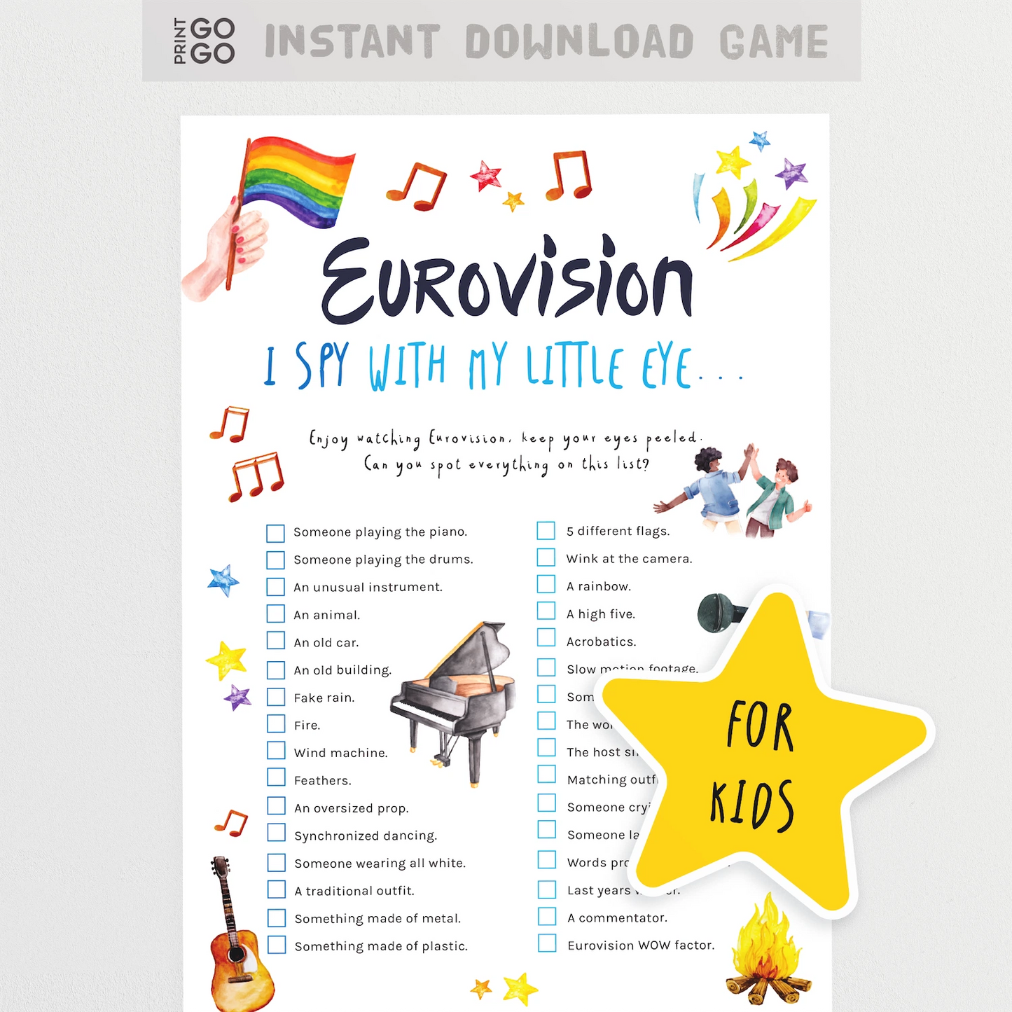 Eurovision-themed 'I Spy' game for kids with colorful illustrations and text.