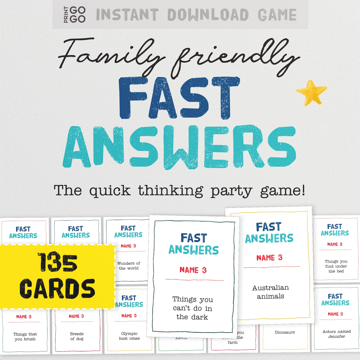 Family-friendly 'Fast Answers' game with 135 cards on a light gray background