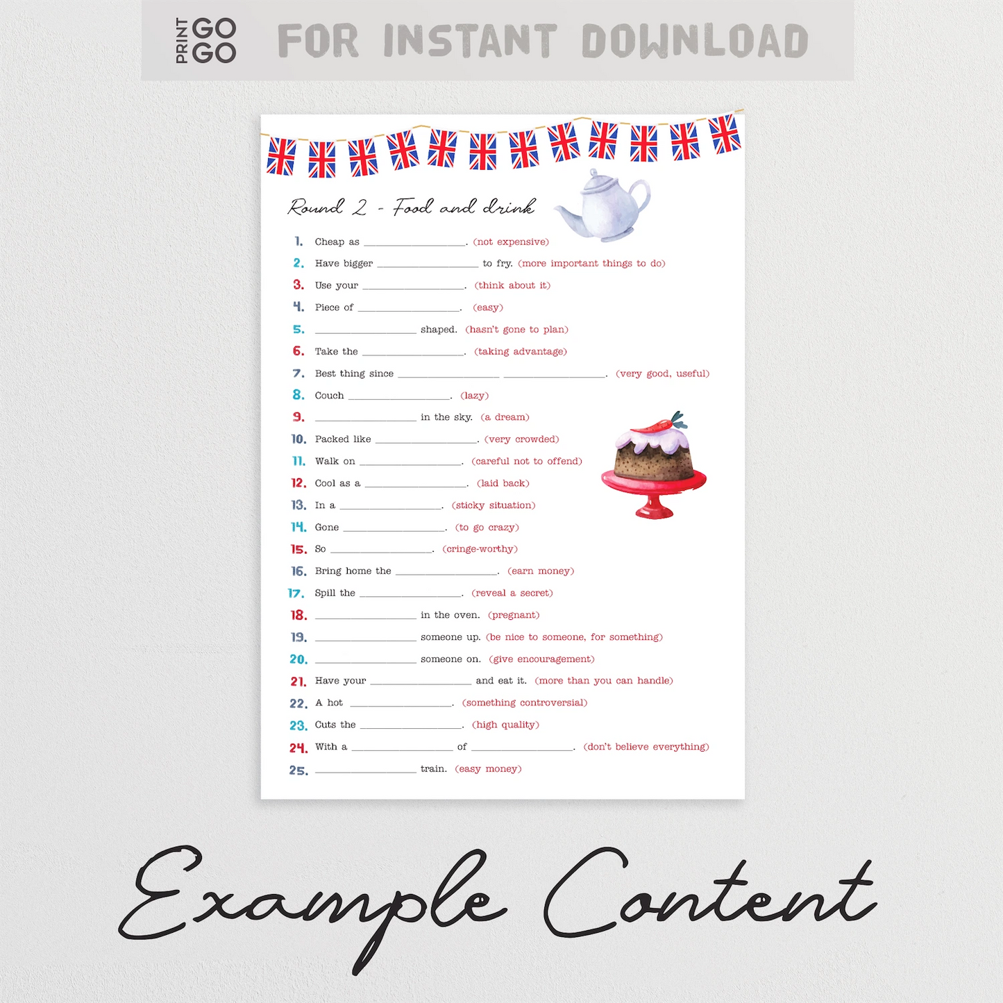 The Great British Idiom Quiz is show with colourful illustrations of British iconic landmarks and flags.