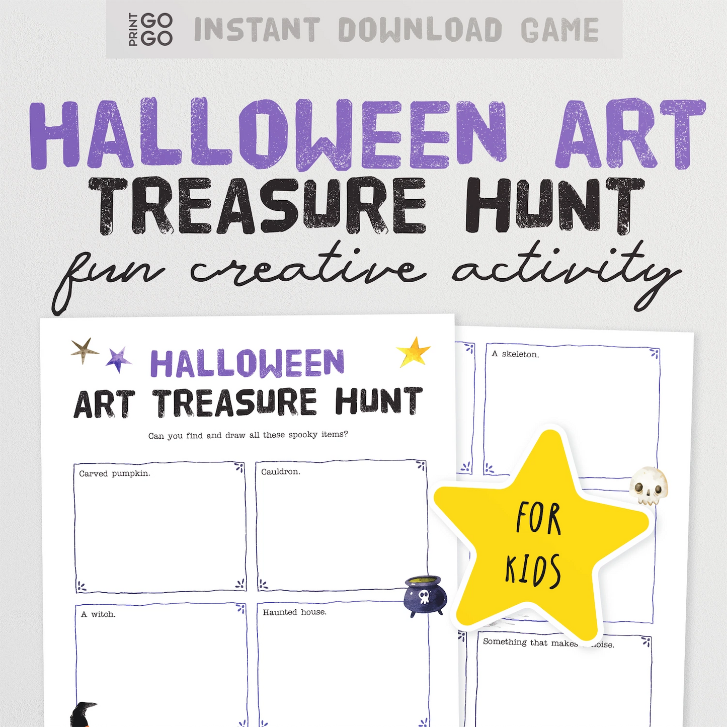 Halloween art treasure hunt activity sheet with a yellow star and text on a white background