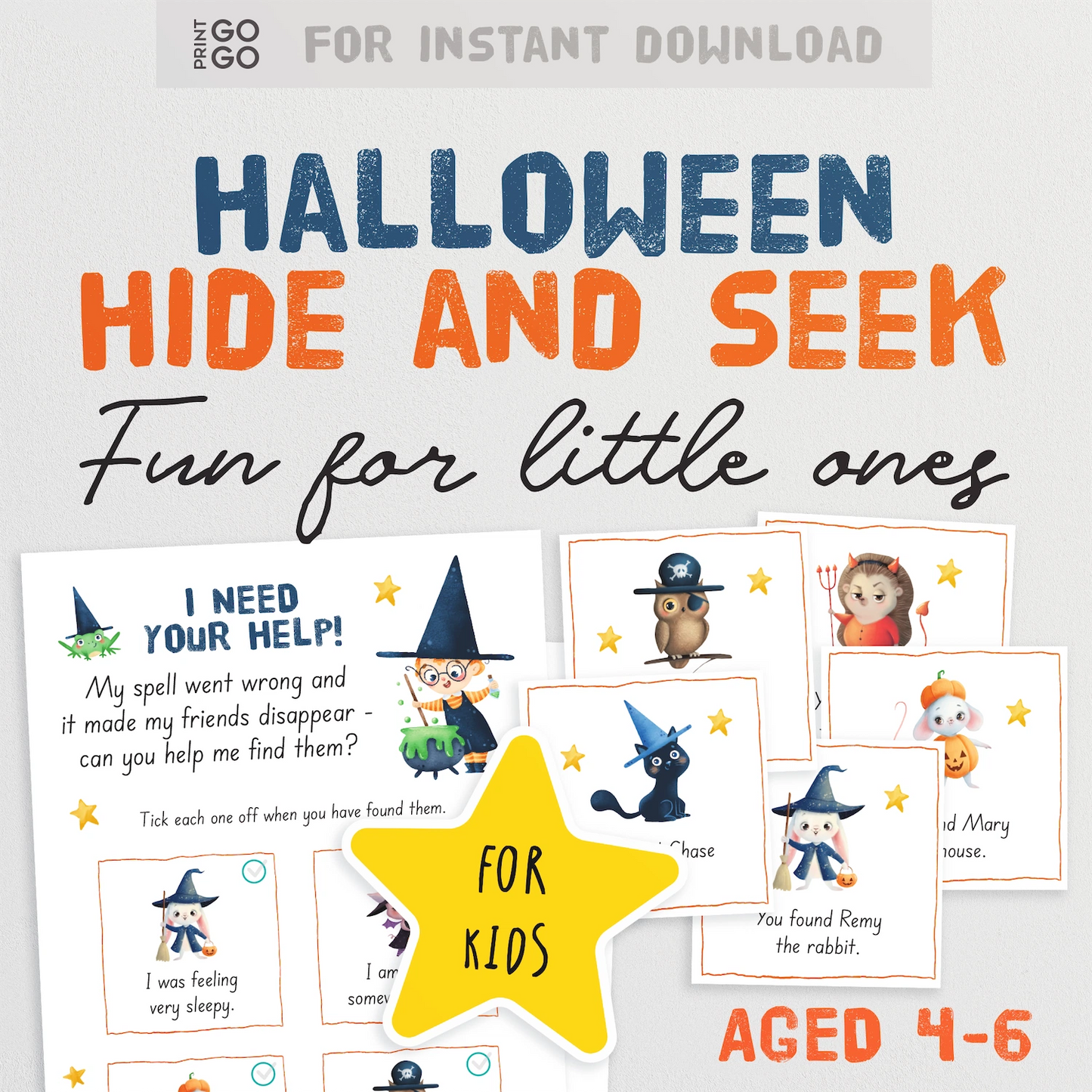 Halloween hide and seek game for kids with illustrations and text on a white background.