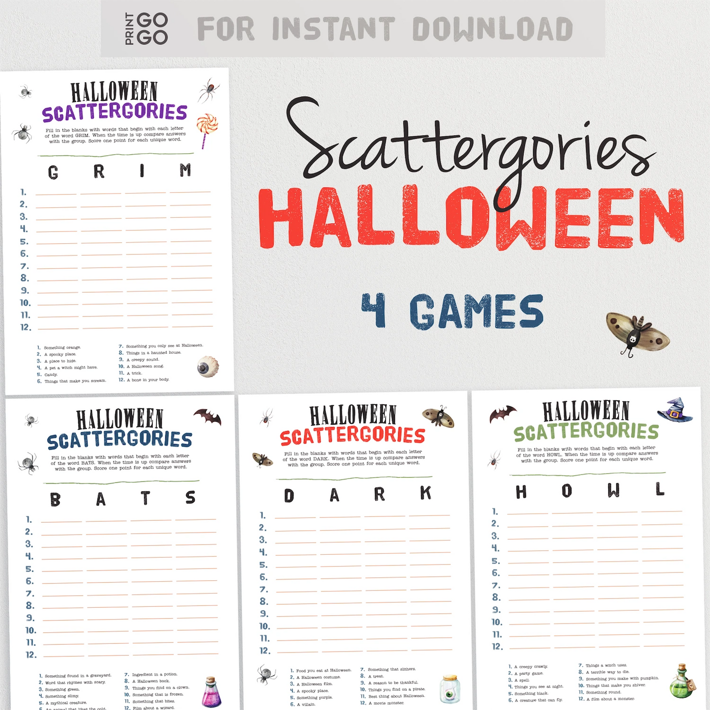 Halloween Scattergories game sheets with text and graphics on a white background