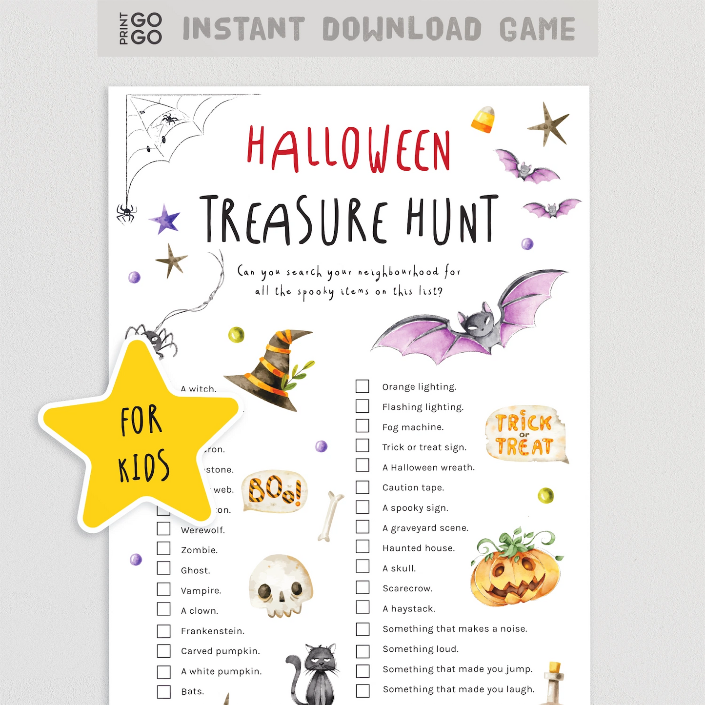 Halloween treasure hunt game for kids with illustrations and text on a white background