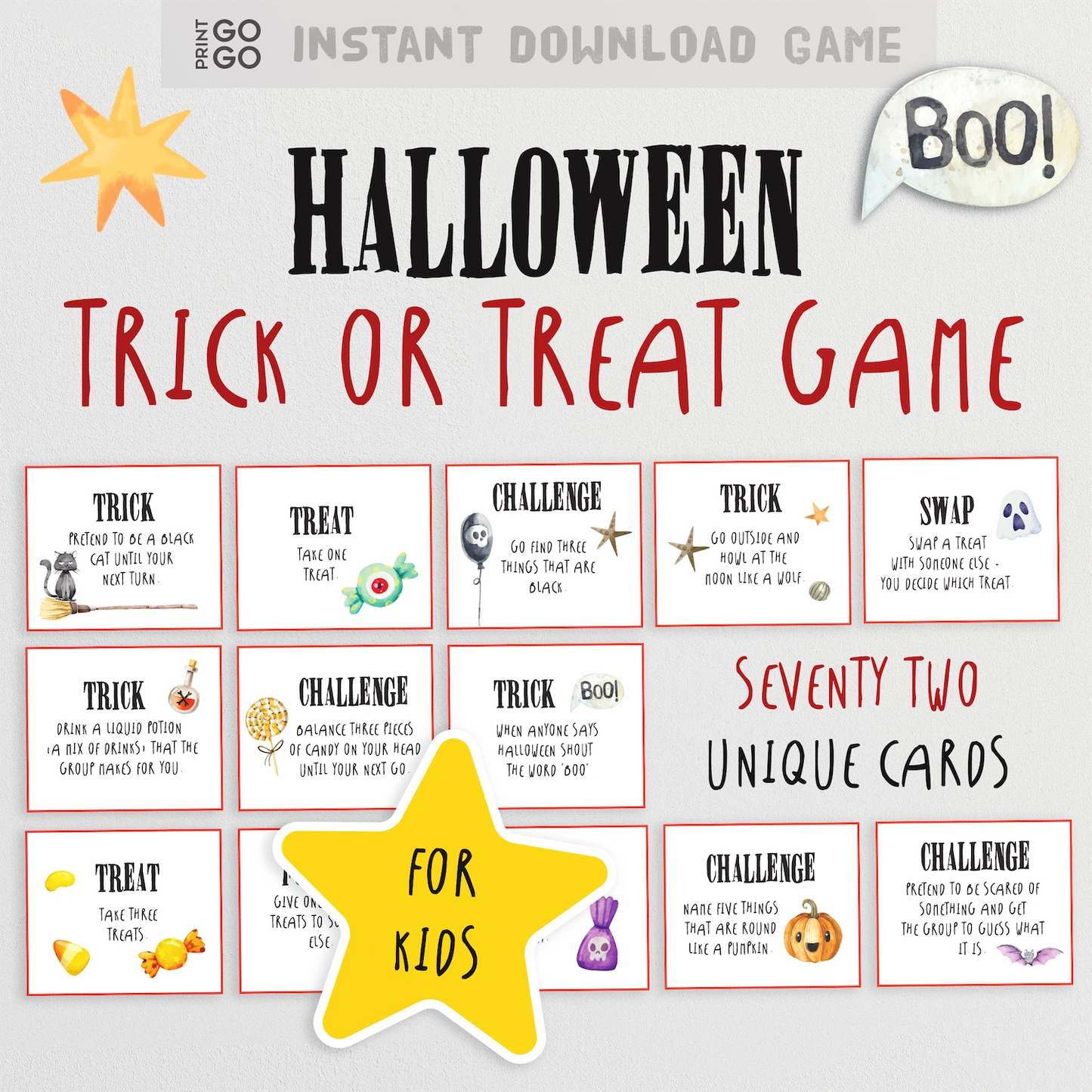 Halloween Trick or Treat Game with cards and text on a white background