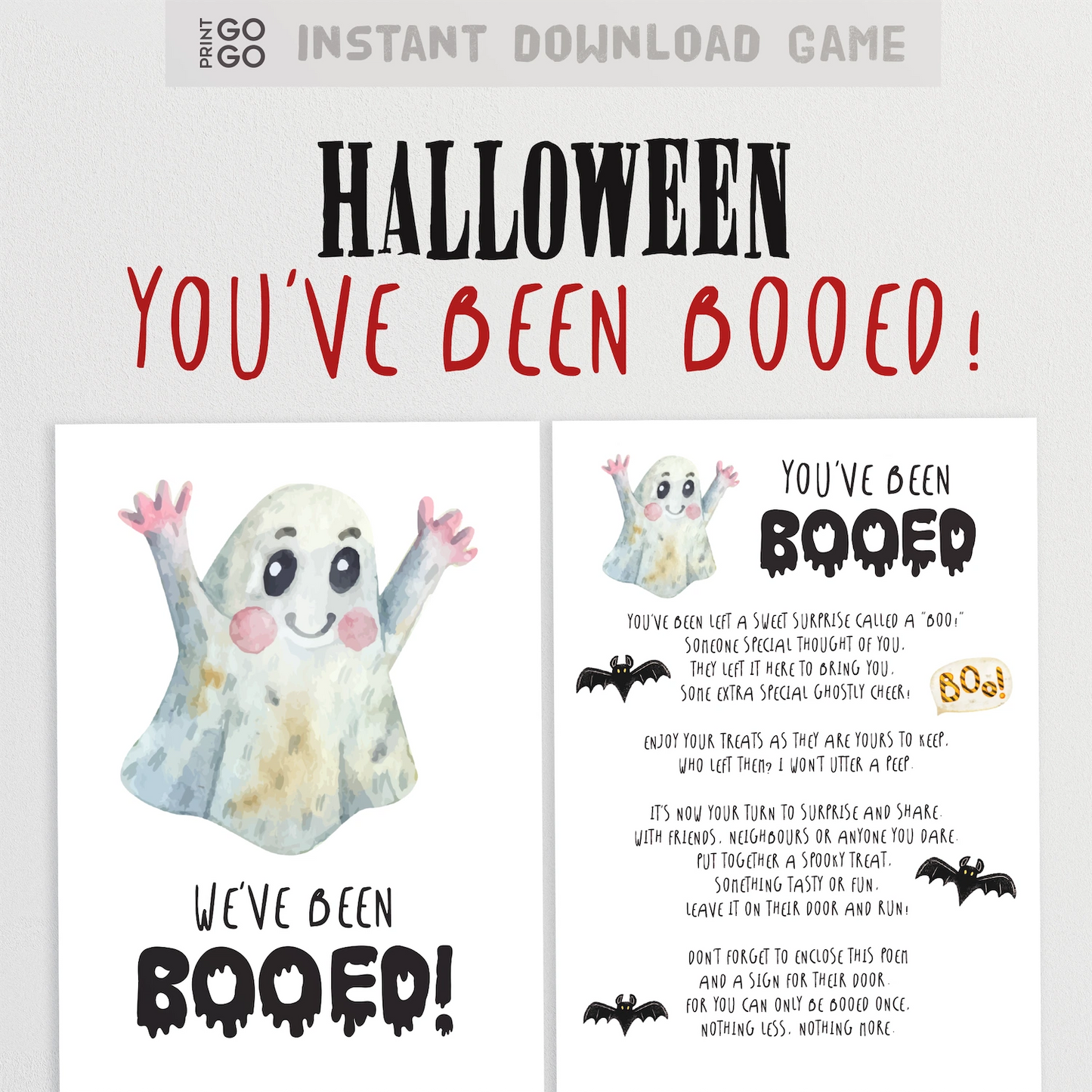 Halloween 'You've Been Booed' printable with ghost illustration and text on a white background