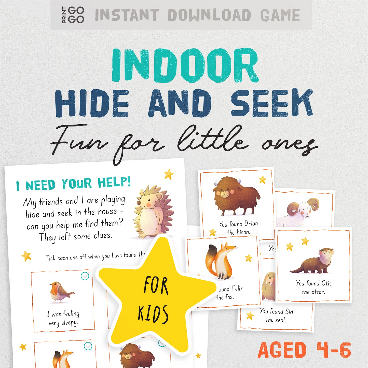 Indoor hide and seek game for kids with illustrations and text on a light gray background