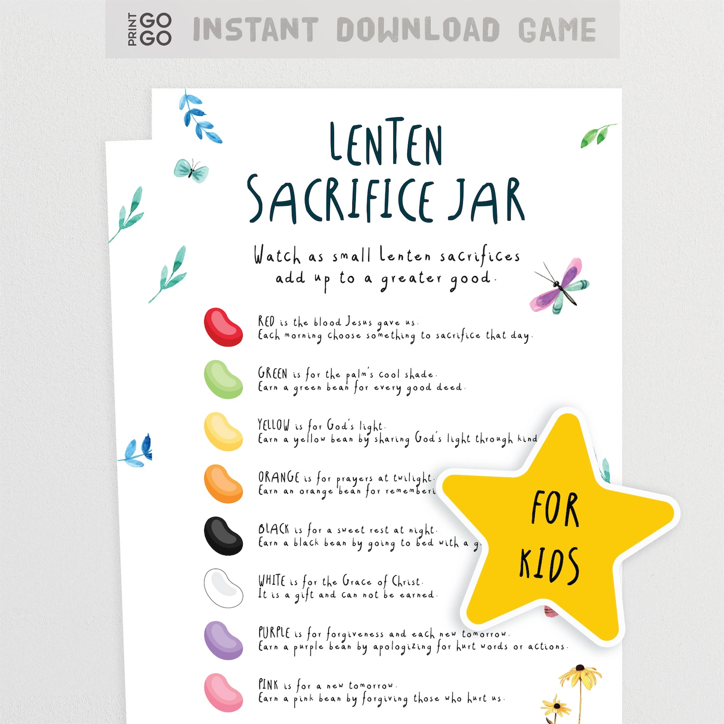 Lenten Sacrifice Jar worksheet for kids with colorful beans and a yellow star label.