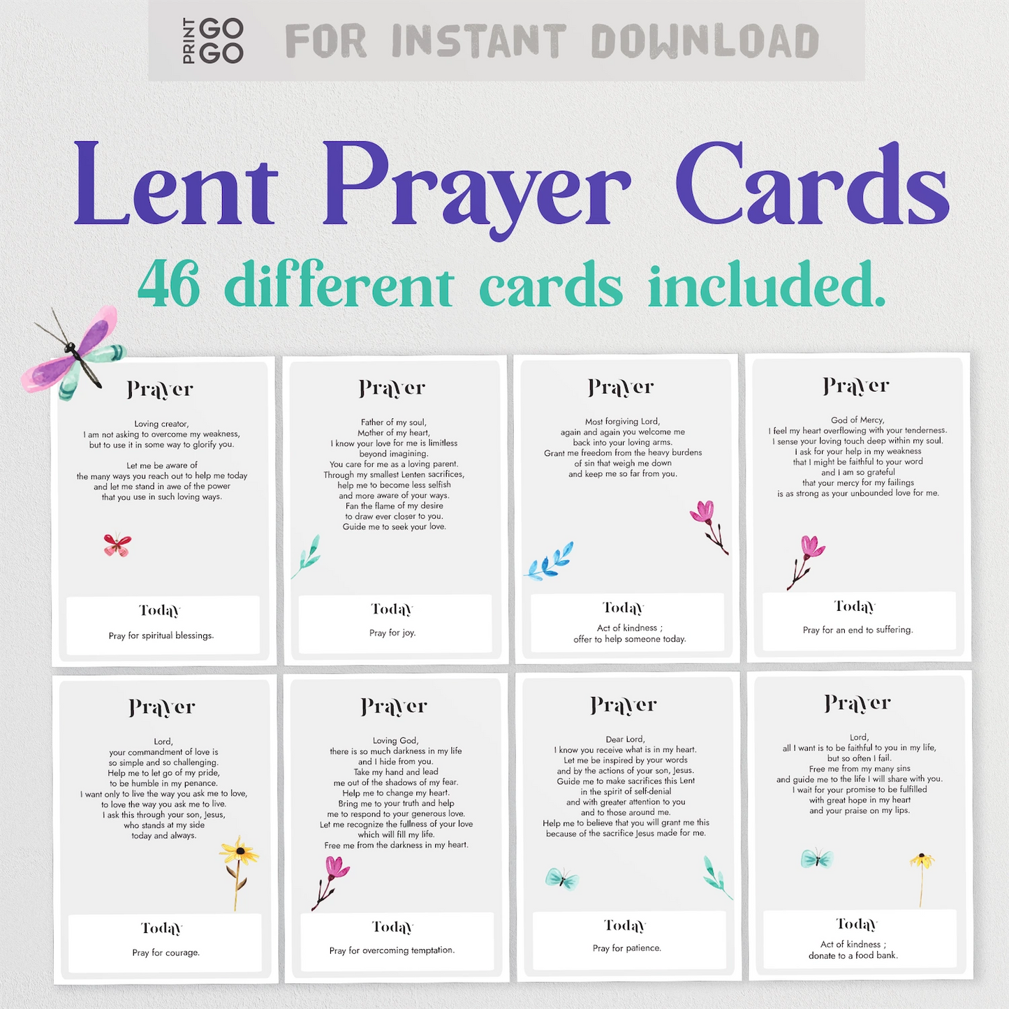 Lent Prayer Cards with various designs and prayers on a white background