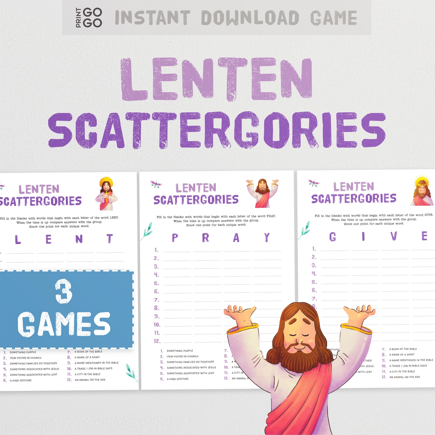 Lenten Scattergories game set with Jesus illustration on a white background