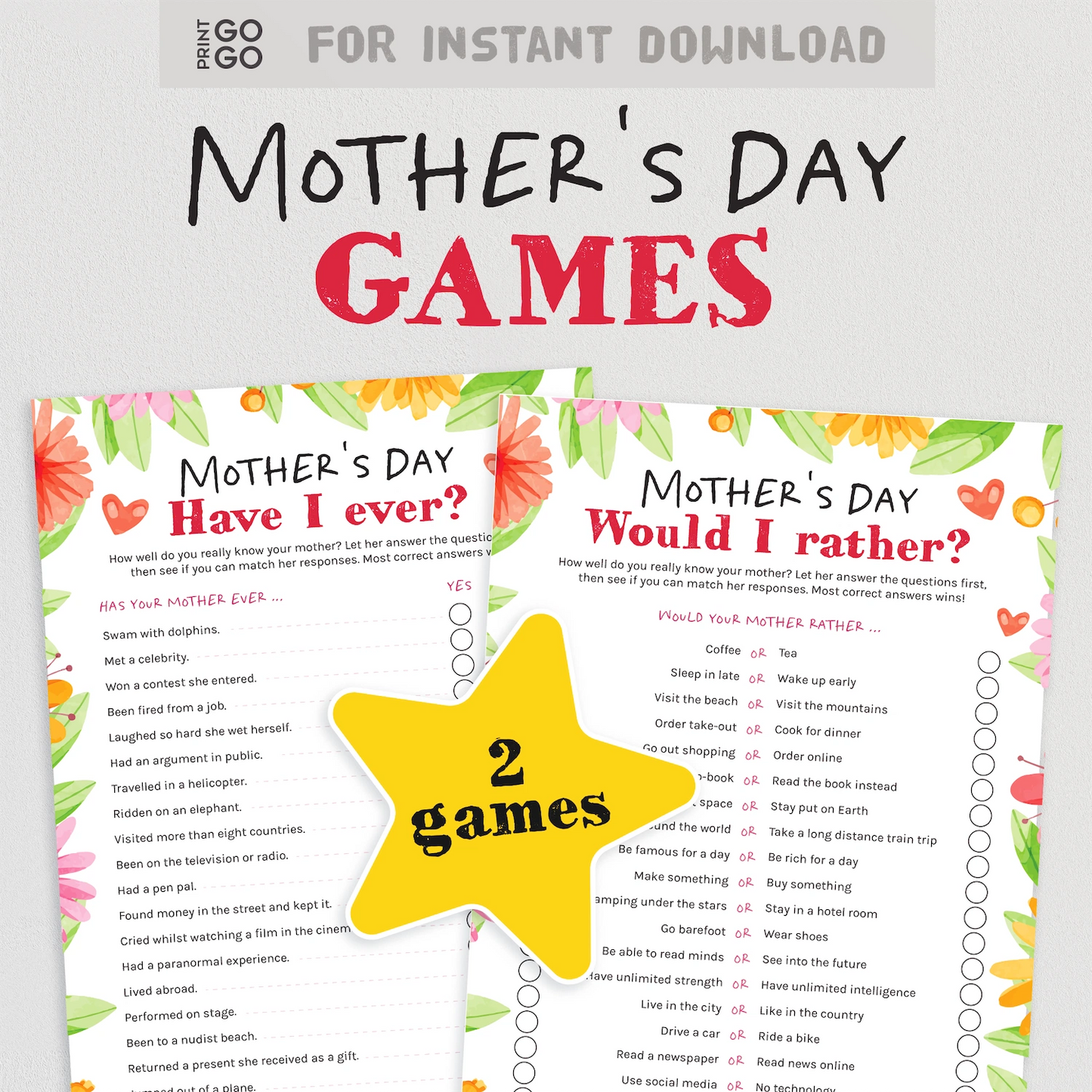 Instant download Mother's Day quiz games with colourful design and text on a white background.