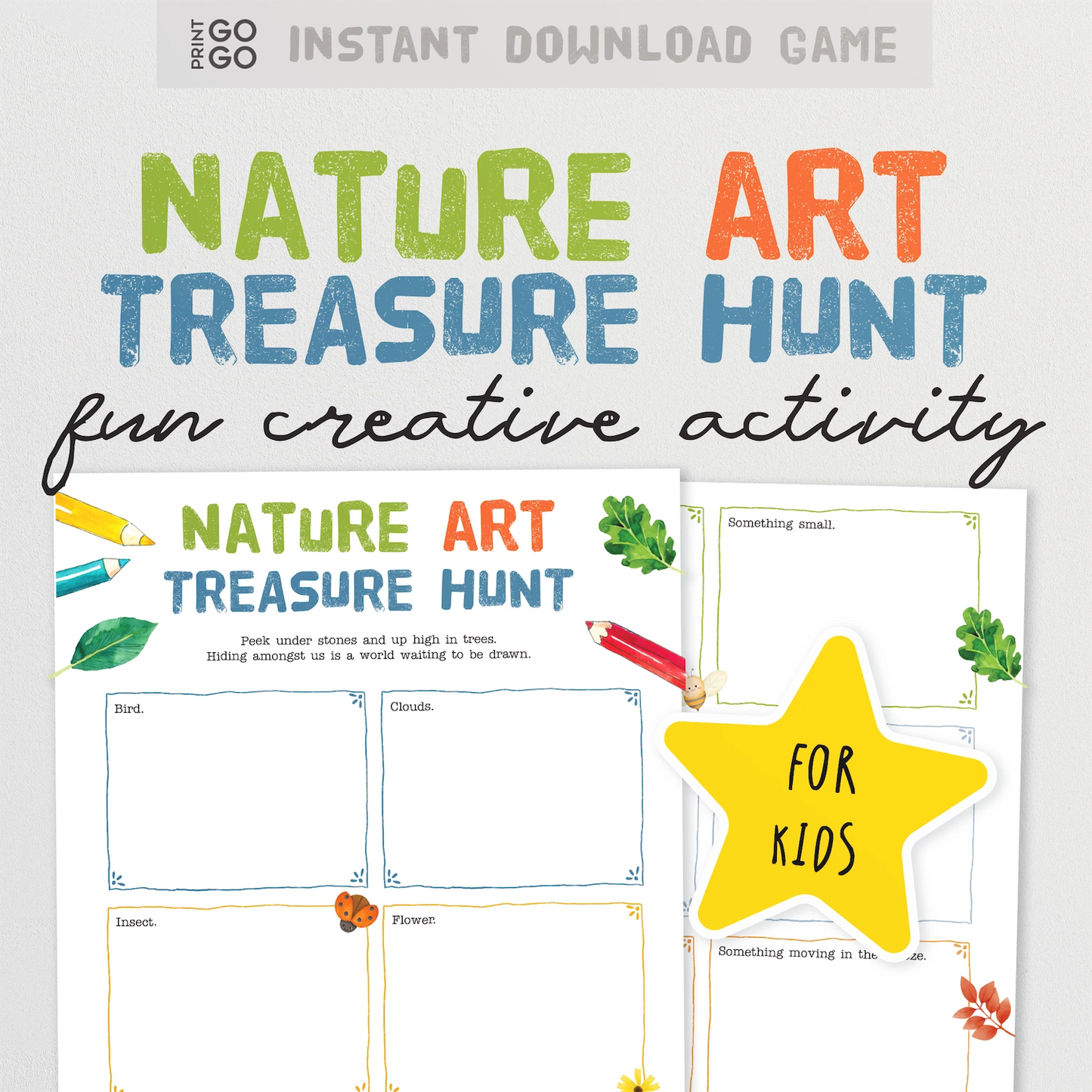 Instant download nature art treasure hunt activity sheet for kids with colourful text and graphics.