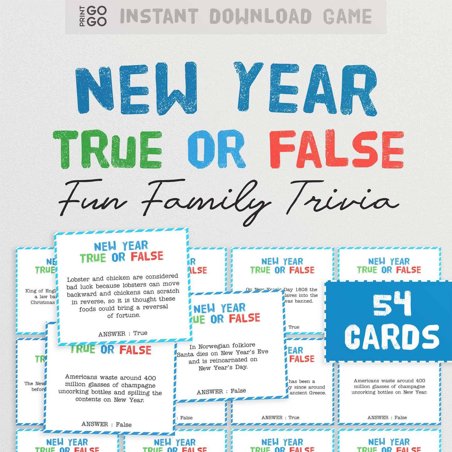 New Year True or False Fun Family Trivia game with 54 cards on a light gray background