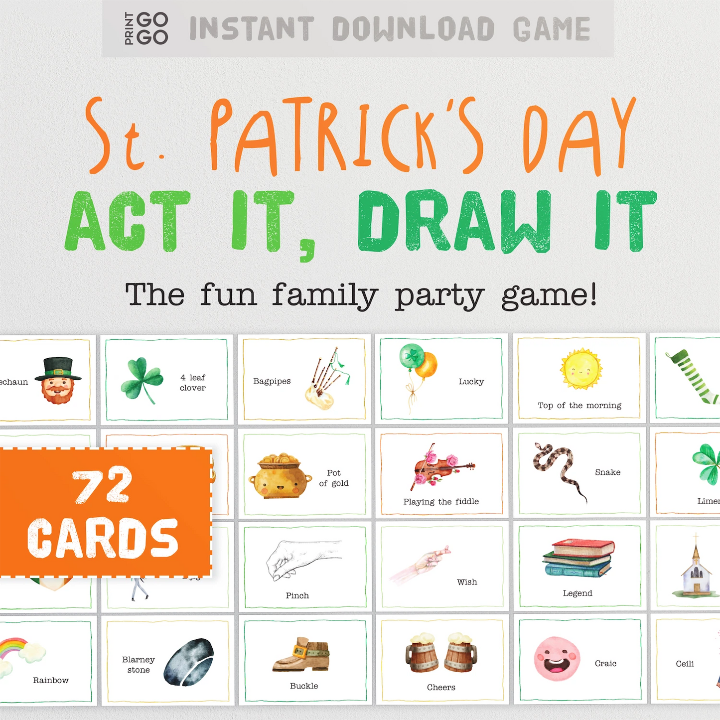 St. Patricks Day Act It, Draw It - The Family Party Game of Acting Out, Drawing and Guessing Phrases.