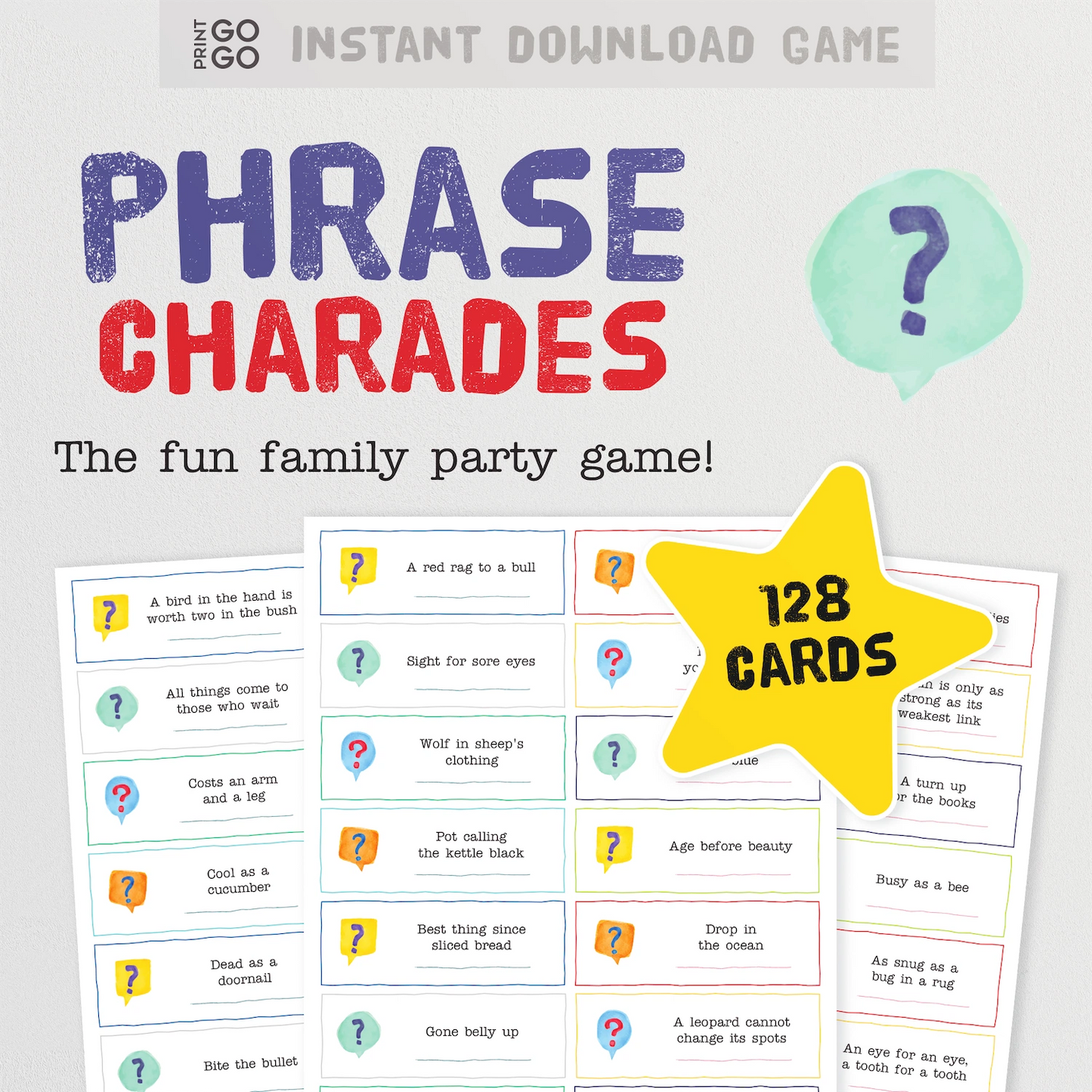 Instant download Phrase Charades game packaging with text and card samples on a light gray background