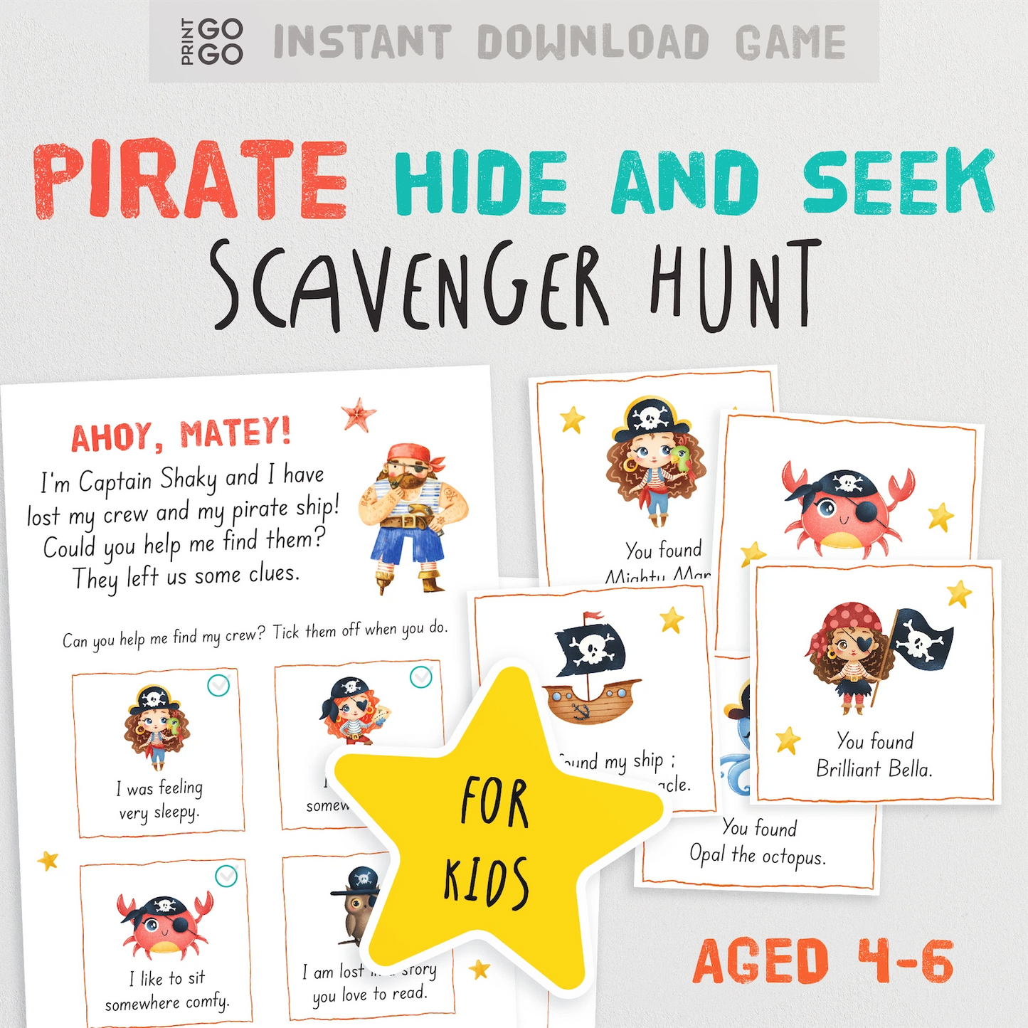 Pirate-themed hide and seek scavenger hunt game for kids with cards and text on a light gray background.
