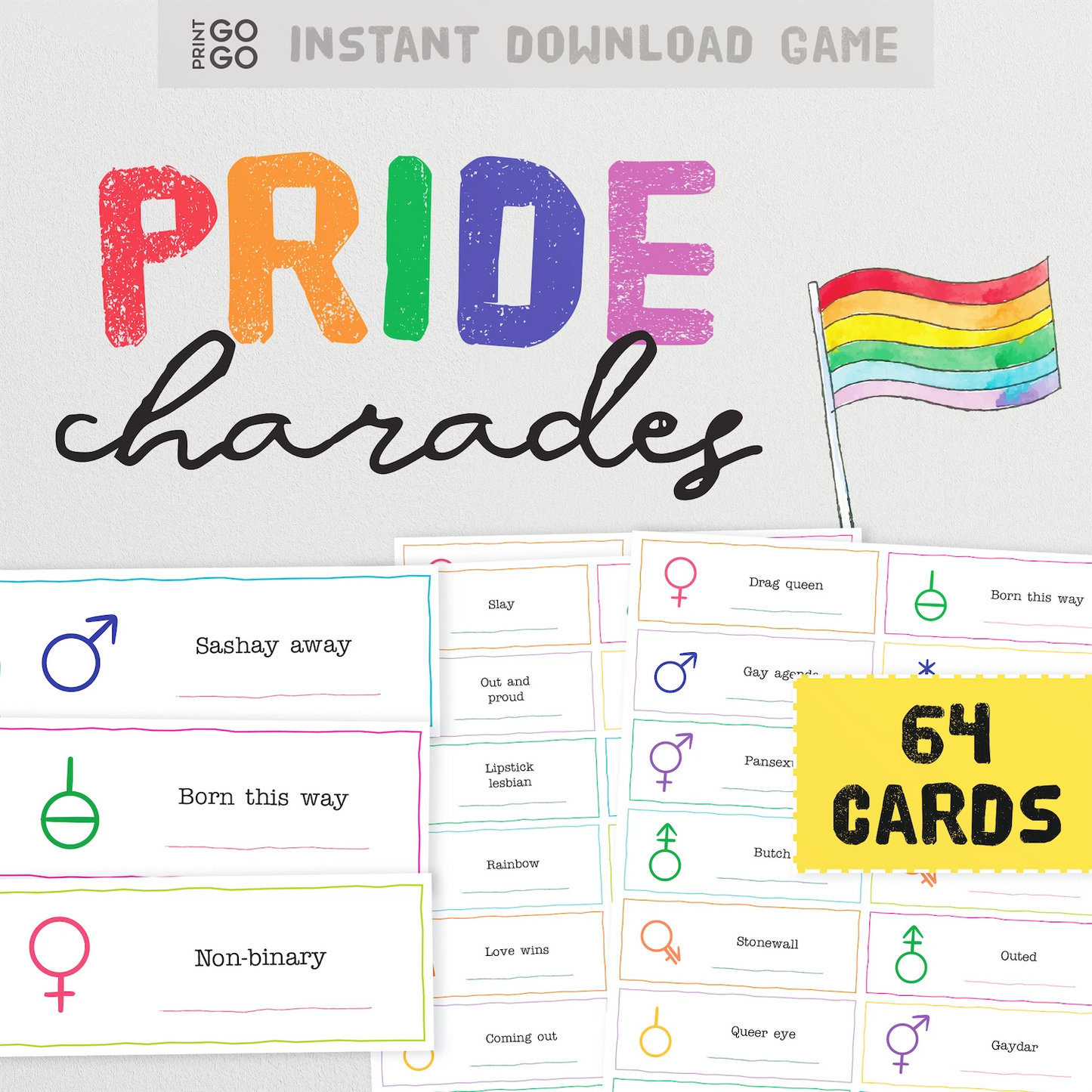 Pride charades game with cards and rainbow flag on a white background