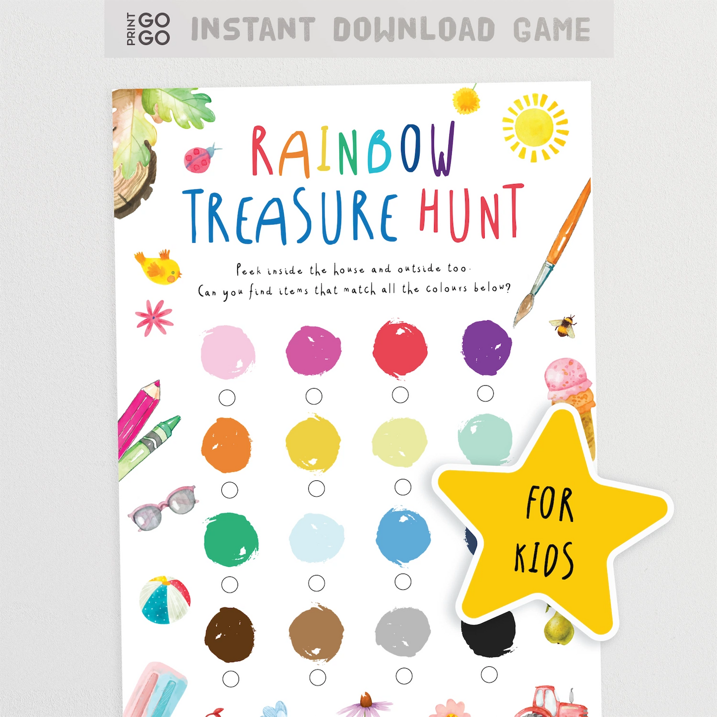 Colourful 'Rainbow Treasure Hunt' game sheet for kids.