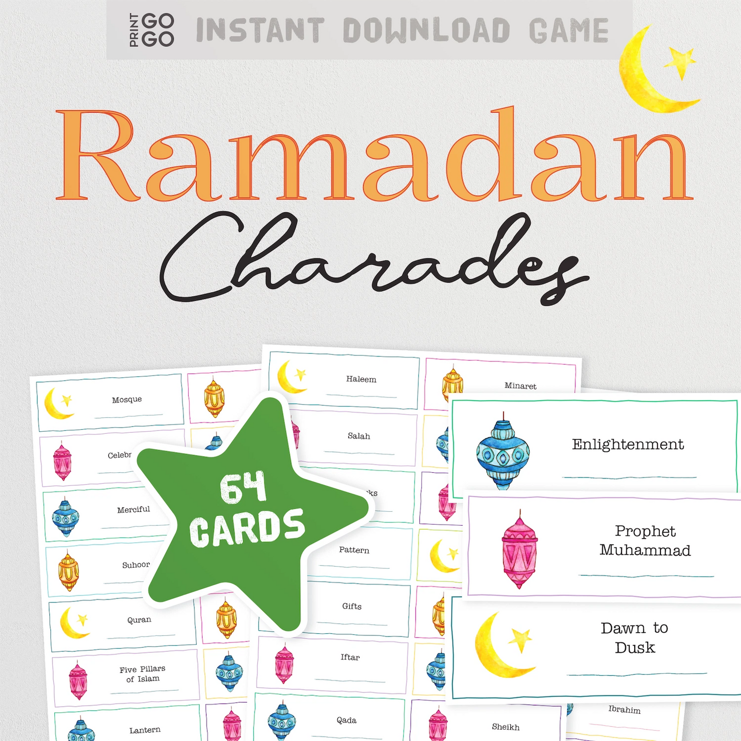 Ramadan Charades game with cards displayed on a white background