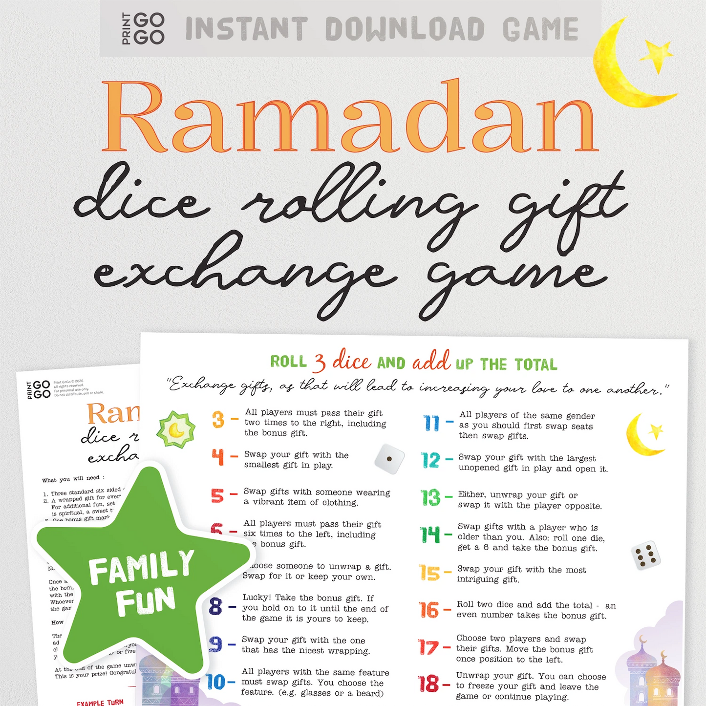 Ramadan dice rolling gift exchange game with text and graphics on a white background
