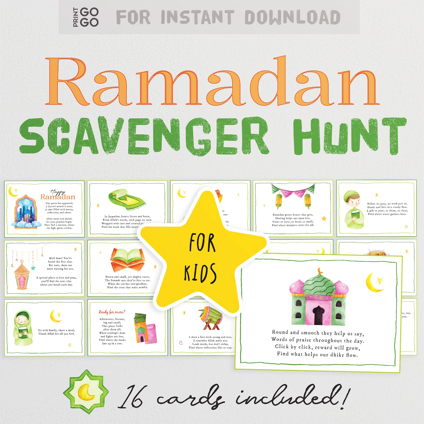 Ramadan scavenger hunt for kids with 16 cards included, designed for instant download.