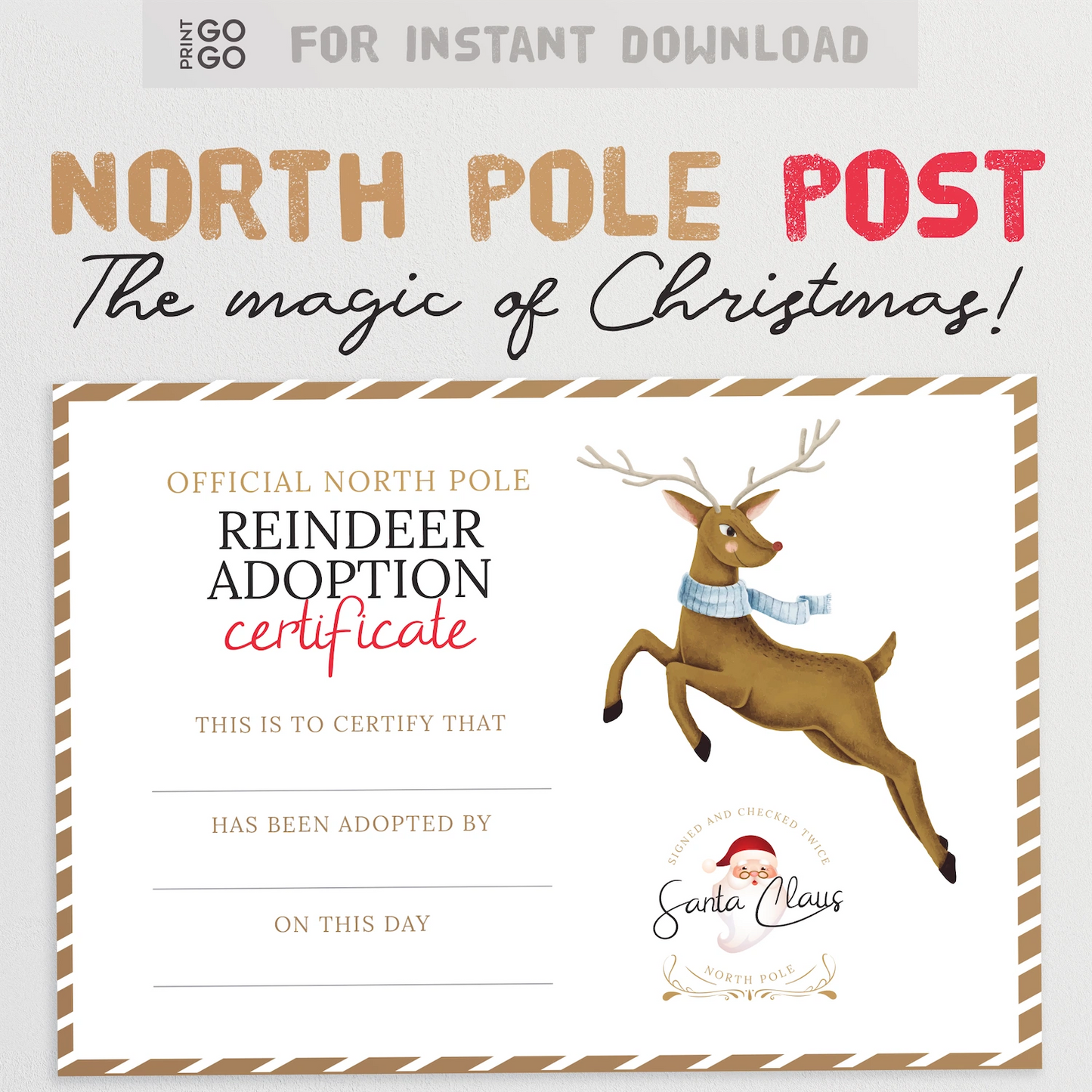 North Pole Post reindeer adoption certificate with a reindeer illustration on a white background