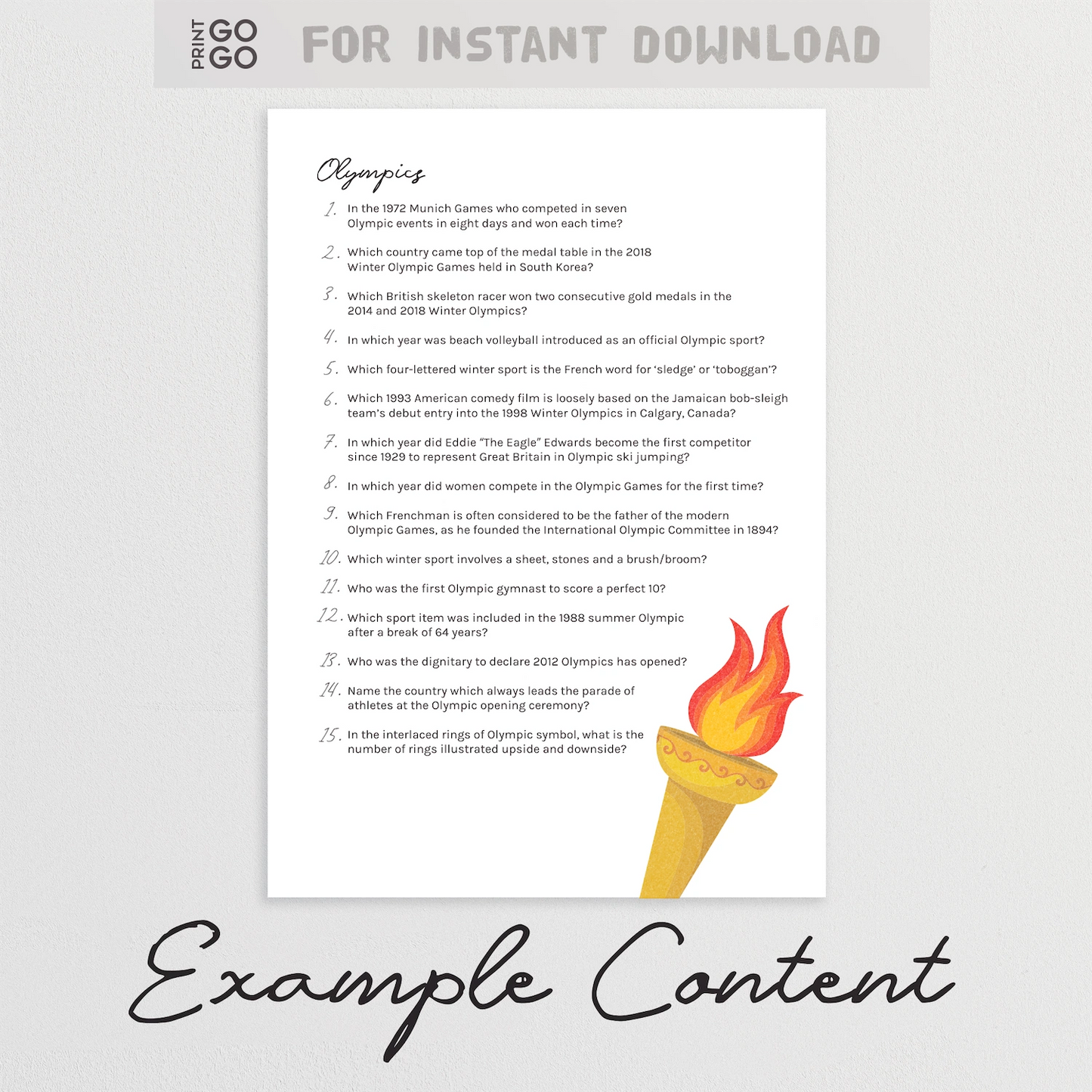 Sheet of paper with Olympic-themed trivia questions and a torch illustration on a white background.