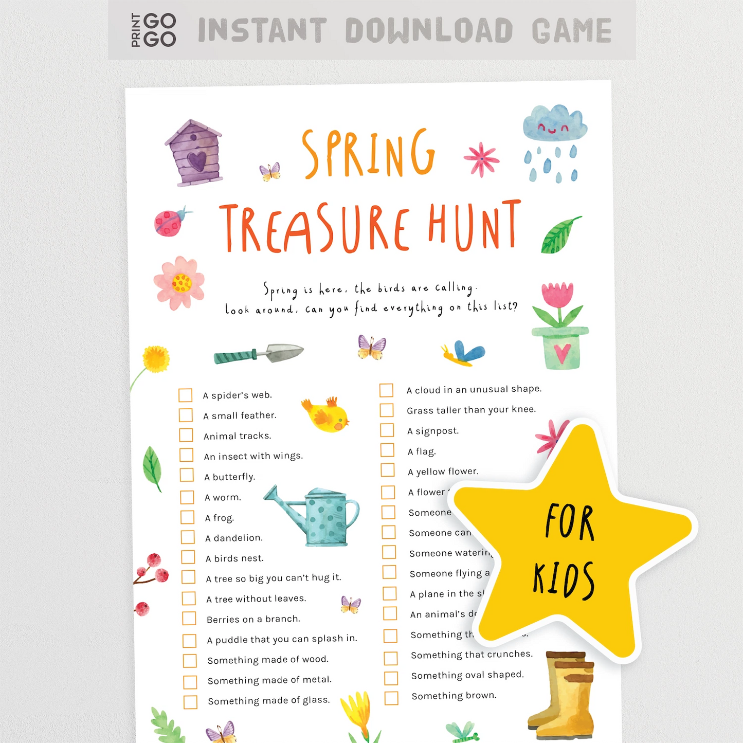 Spring treasure hunt game sheet for kids with illustrations and a yellow star sticker.