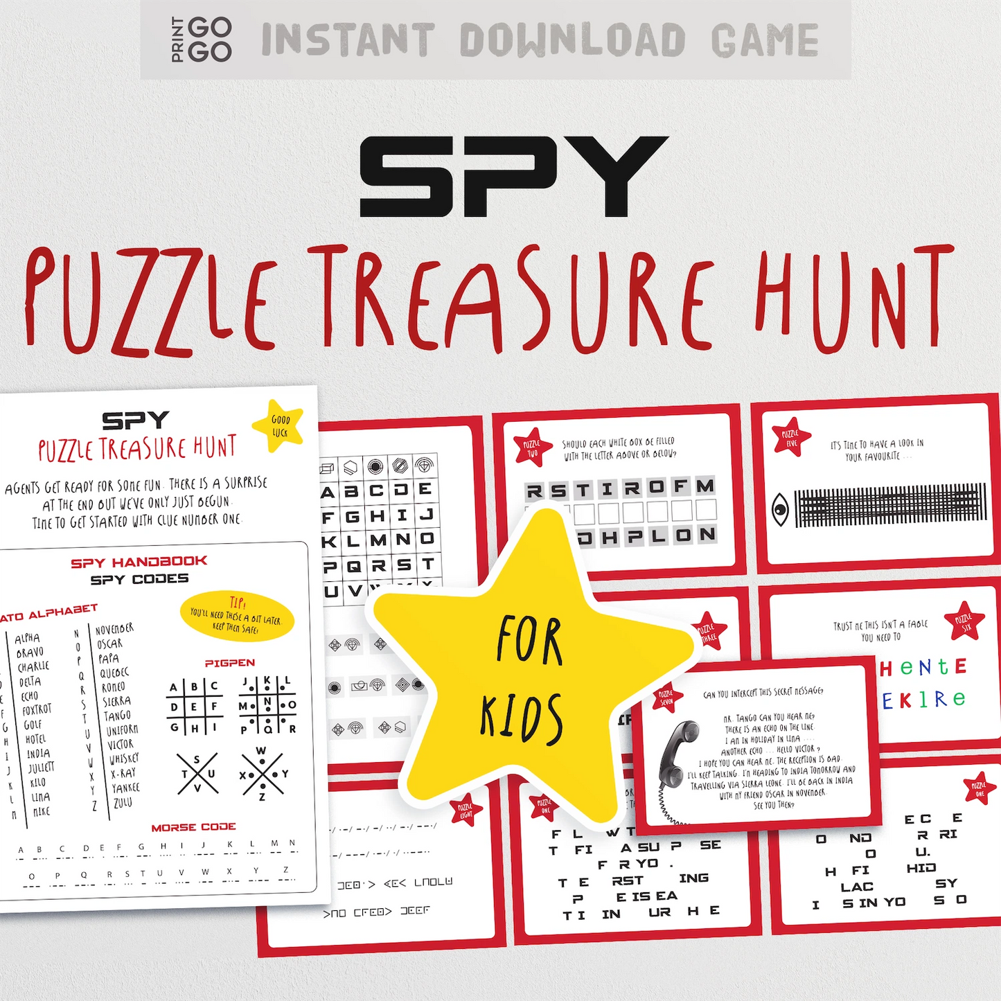 Spy Puzzle Treasure Hunt game for kids with printable sheets and a yellow star highlight.
