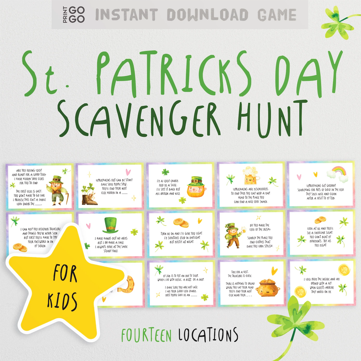 Instant download St Patricks Day scavenger hunt game for children.