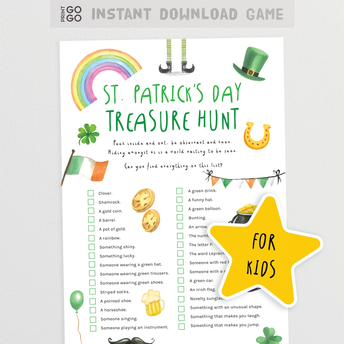 St. Patrick's Day treasure hunt game sheet with colorful graphics and text.